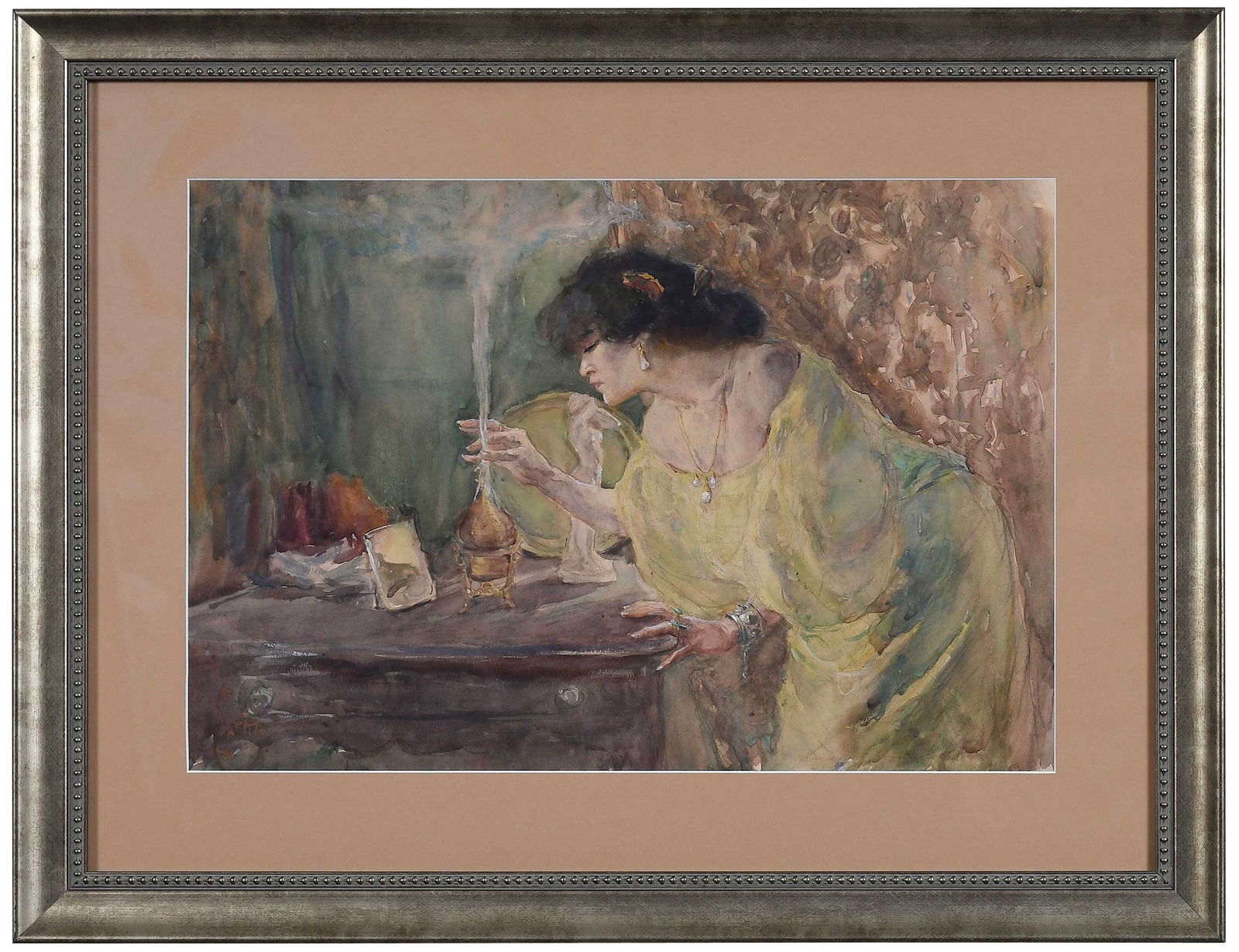 Charles Nicholas Sarka: (New York/Illinois, 1879-1960) (California, 1858-1942)Incense, 1907, signed and dated lower left "Sarka 1907", watercolor over pencil on paper, sight 13-1/4 x 19-1/2 in.; silver finish wood