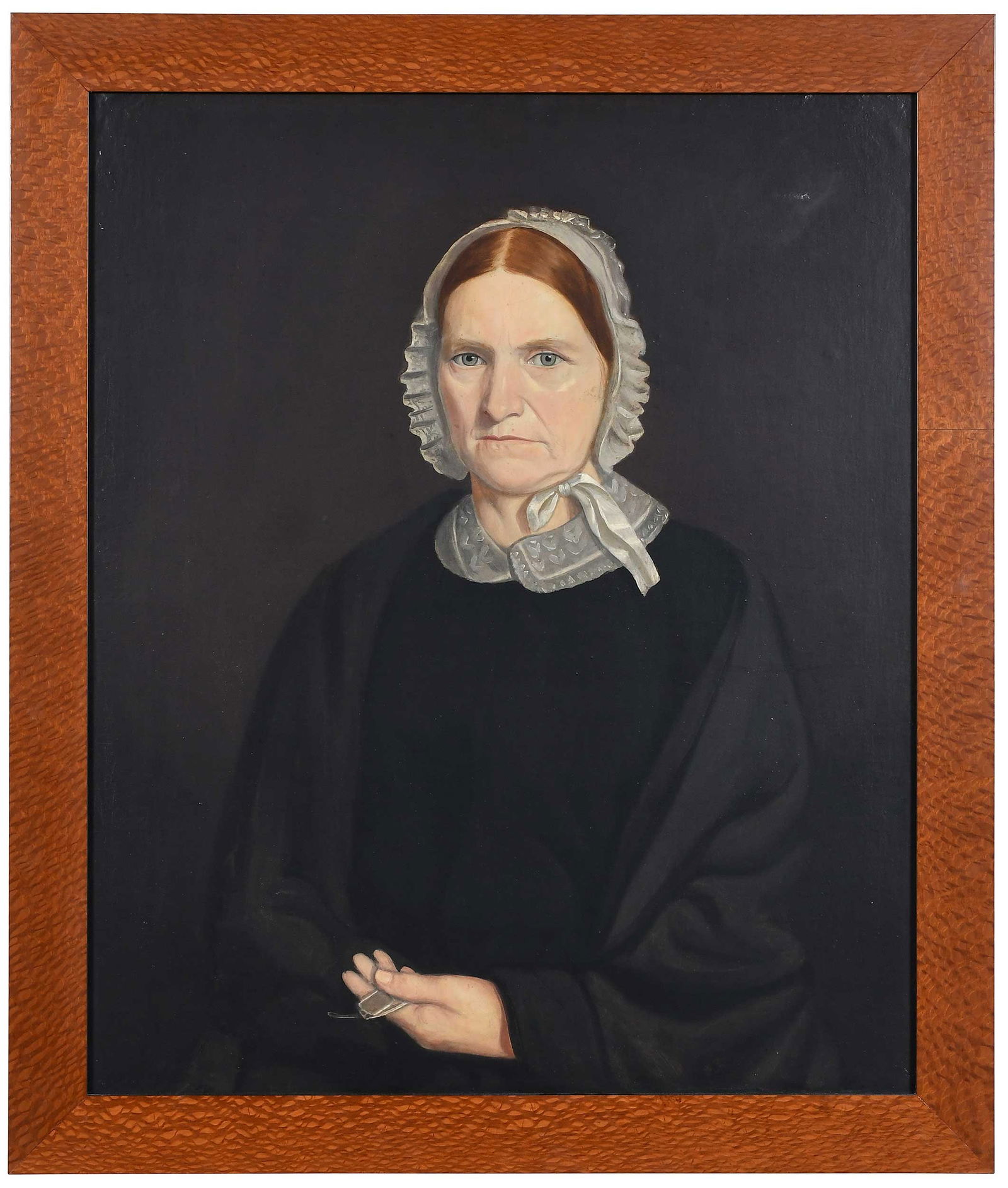 Folk Portrait Attributed to Isaac Sheffield: (Connecticut, 1798-1845)Portrait Mrs. Bissellot, New London, Connecticut, unsigned, oil on canvas, 30-1/4 x 25 in.; reproduction burl wood frame, 34-1/2 x 29-1/2 in.Provenance: Private Collection,