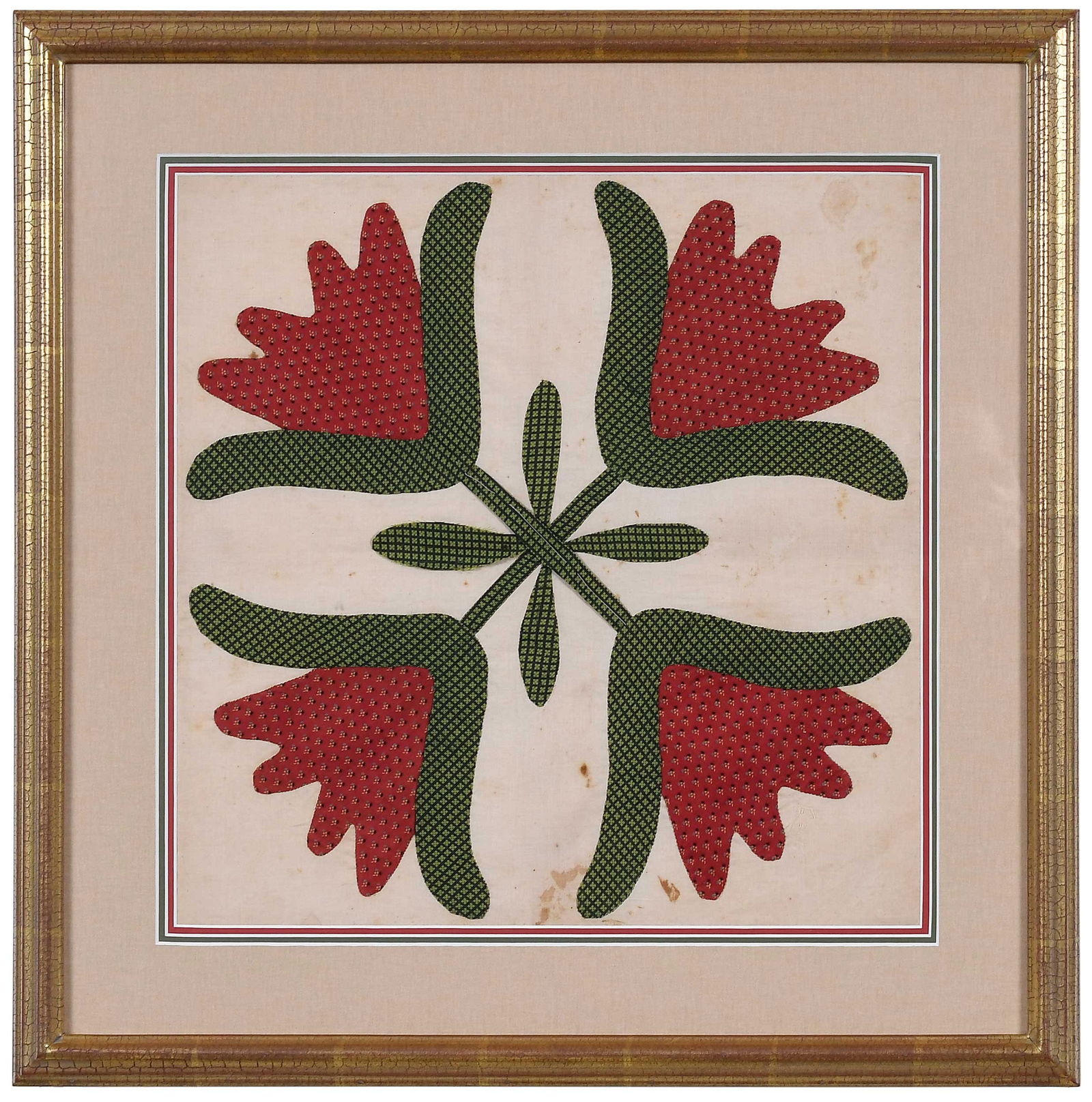 Framed Appliqued Quilt Square: American, 19th century, symmetrical floral motif, sight 16-1/4 x 16-1/4 in.; gilt and painted wood frame, 23-3/8 x 23-3/8 x 1-3/8 in. Provenance: Collection of Karen Shackleford Moore, Baltimore, Mary