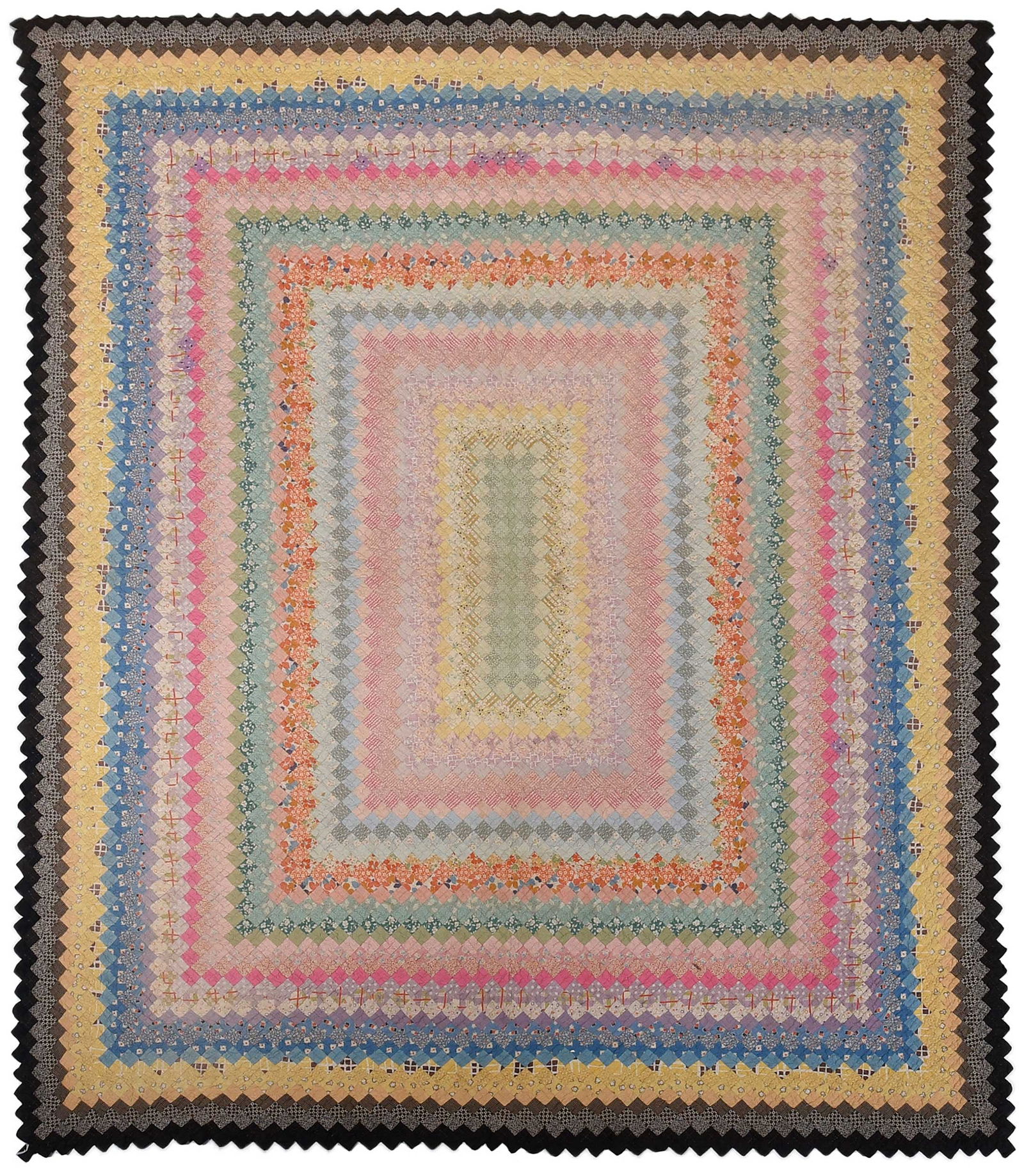American Trip Around The World Quilt: 20th century, mounted on wooden dowel for suspension, 85 x 72 x 1 in. with dowel Provenance: Private Collection, Georgetown, South Carolina