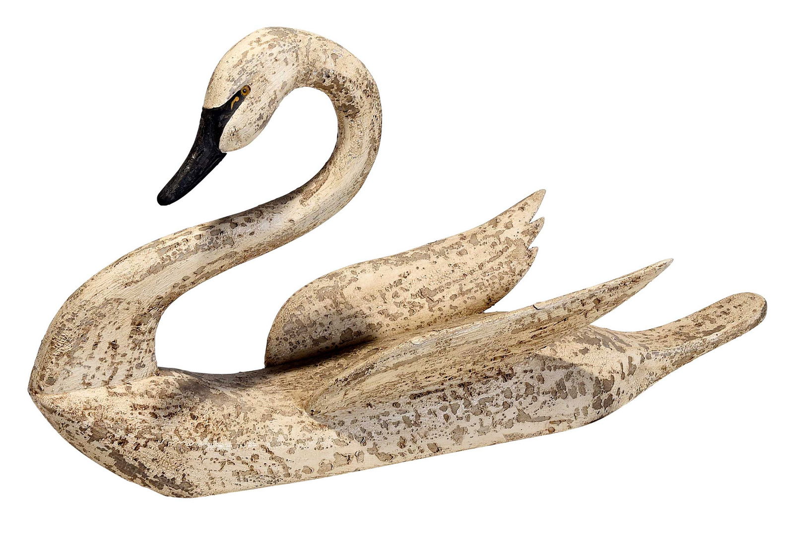 Vernon Bryant Tundra Swan Decoy: Perryville, Maryland, mid to late 20th century, carved and painted wood with outstretched wings, highly figural arched neck, glass eyes, 18-1/2 x 33 x 10-1/2 in.Provenance: Private Collection, Flat