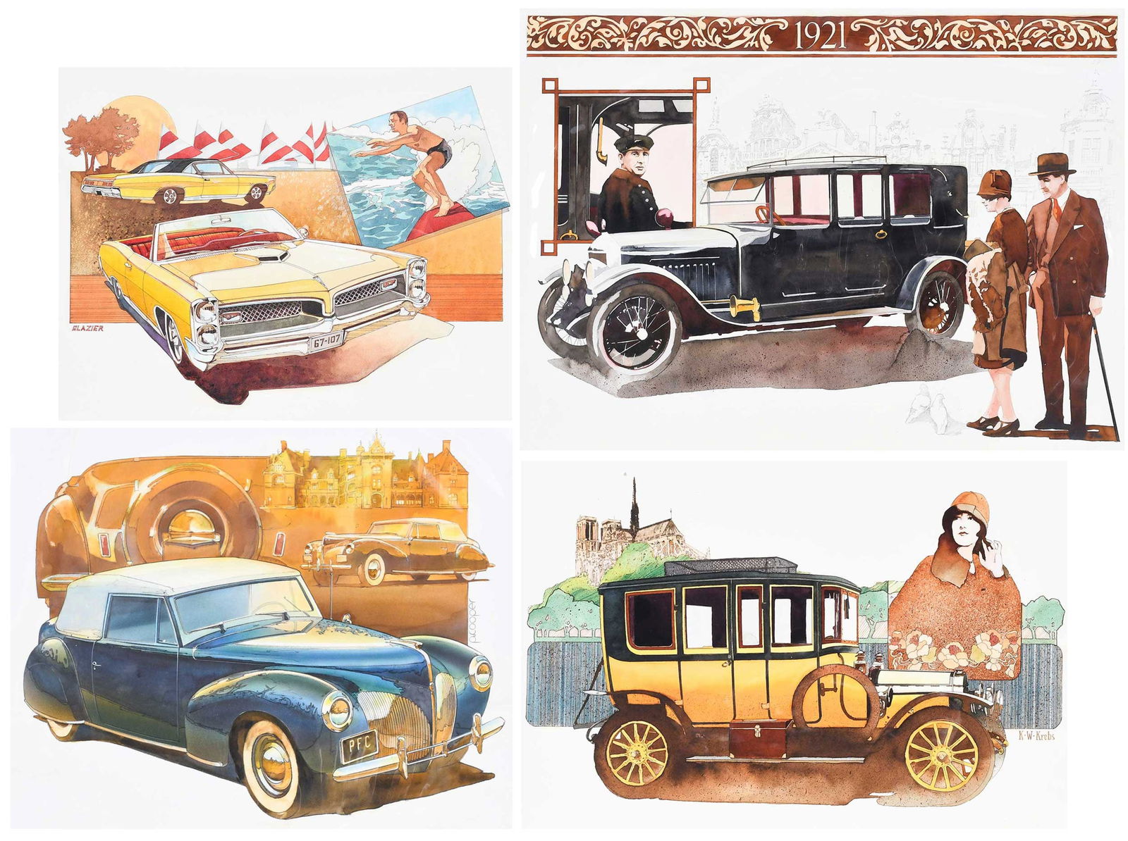 Eight Original Classic Car Illustrations, Various Artists: (American, 20th century)For The Great Automobiles of the World Collection, Franklin Mint, publisher, 1982-1986, by McNamara Associates Advertising Artists (Krebs, Cooper, and Glazier), watercolors on
