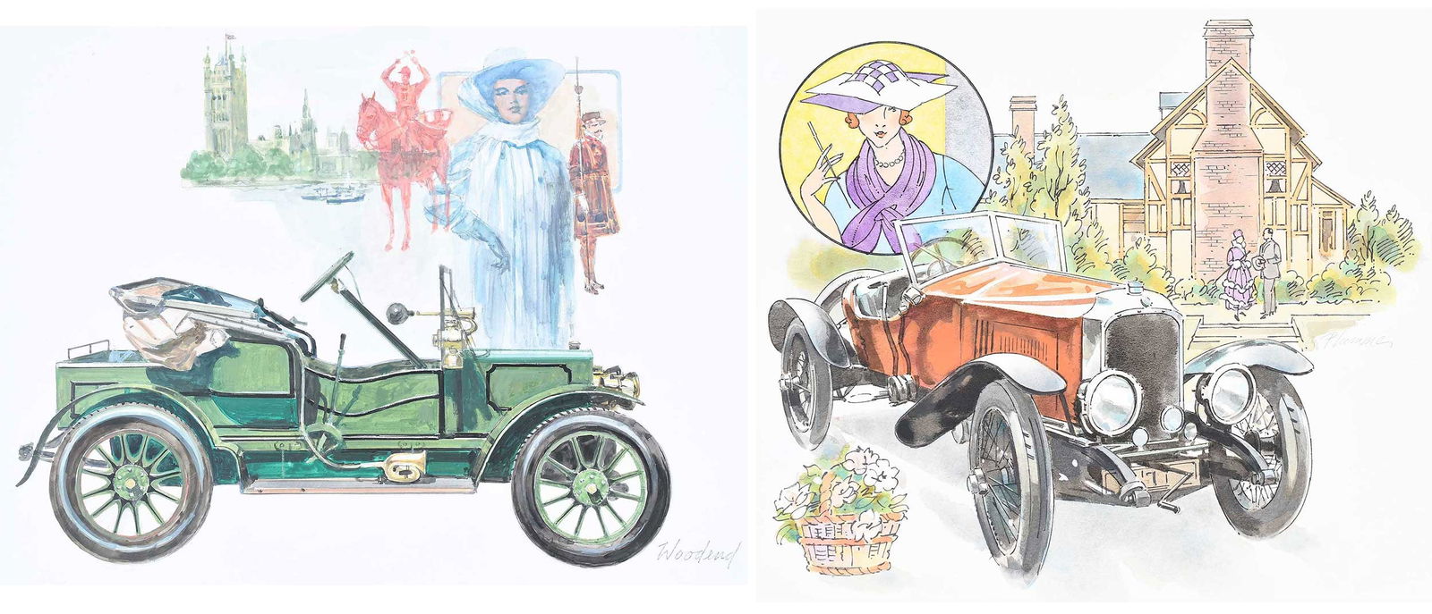 Nine Original Classic Car Illustrations, Various Artists: (American, 20th century) For The Great Automobiles of the World Collection, Franklin Mint, publisher, 1982-1986, watercolors on illustration board with facsimile stamps, most signed and annotated with
