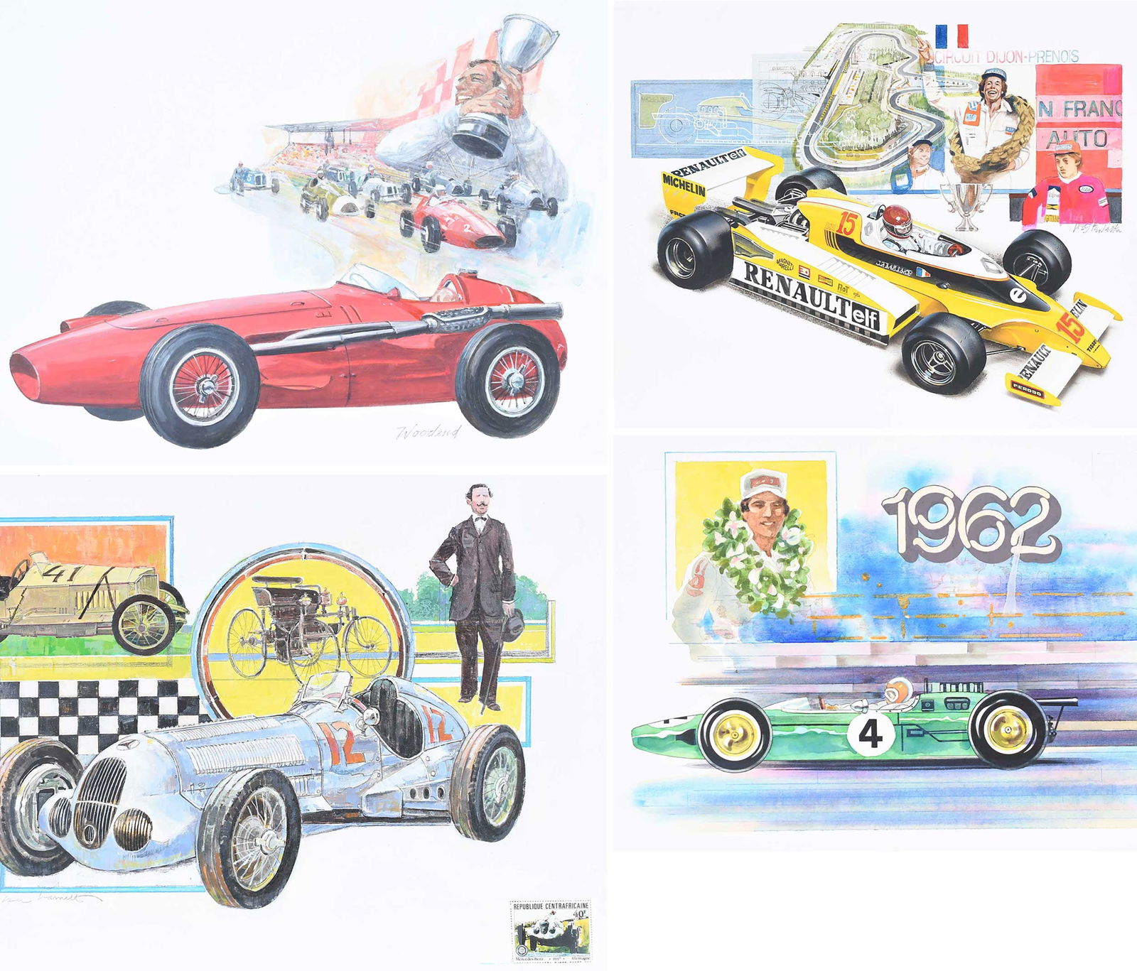 Seven Original Racing Illustrations, Various Artists: (American, 20th century)For The Great Automobiles of the World Collection, Franklin Mint, publisher, 1982-1986, watercolors on illustration board with the facsimile stamps, each signed and annotated