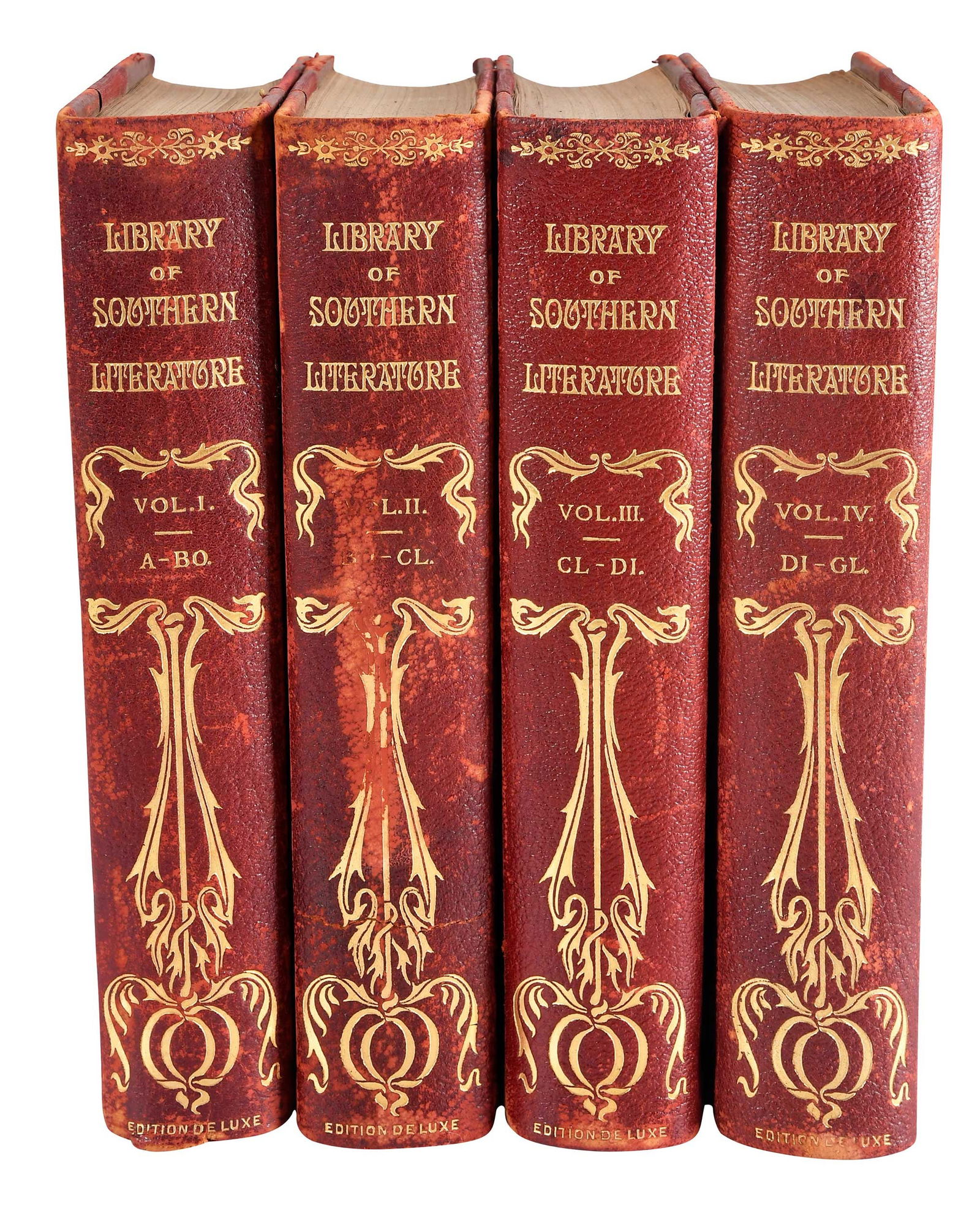 The Library of Southern Literature, 16 Volumes: Atlanta, Georgia: The Martin and Hoyt Company, 1909, edition de luxe, 3/4 morocco over cloth boards, gilt decoration and particulars to spines, 15 volumes with a southern state seal in gilt to front