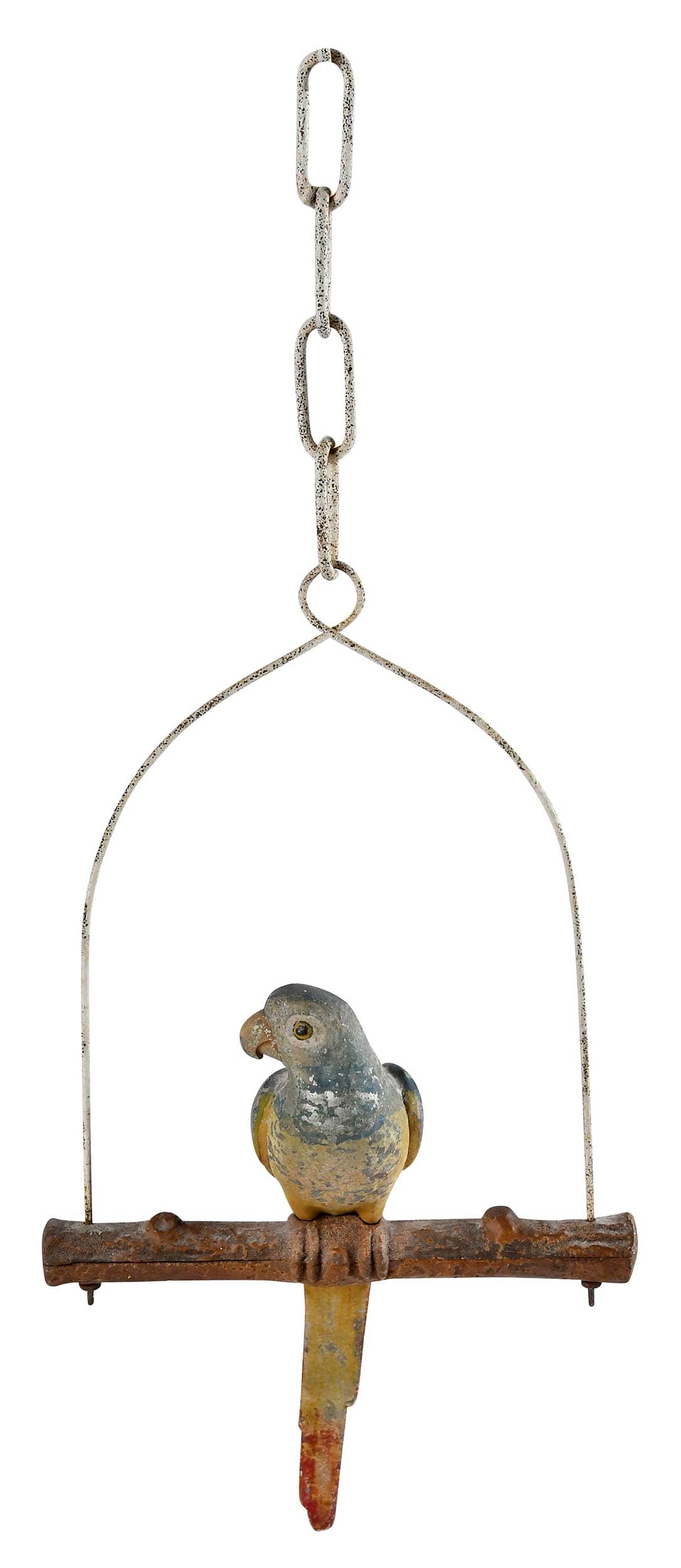 American Painted Cast Metal Parrot on Perch: 20th century, chain for suspension, 17 x 9-1/4 x 4 in., chain length 24 in.Provenance: Private Collection, Georgetown, South Carolina