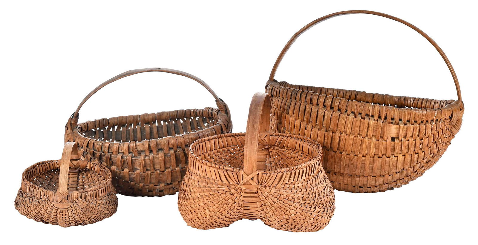 Four American Egg Baskets, Two Buttocks: 19th/20th century, comprising: large melon basket, 12 x 13-1/2 x 11-1/2 in.; medium melon/God's Eye basket, 8-1/2 x 11-1/4 x 10-1/2 in.; medium buttocks basket, 8-3/4 x 9-1/4 x 8-1/2 in.; small