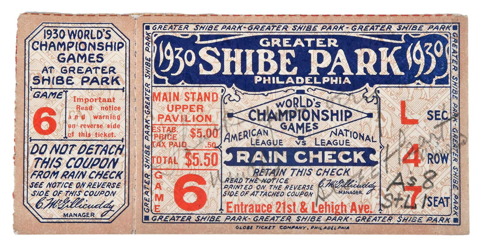 1930 World Series Ticket: full attached ticket and stub for a Series which saw defending champion Philadelphia Athletics against the St. Louis Cardinals, this Game 6 ticket representing the final game of a Philadelphia repeat