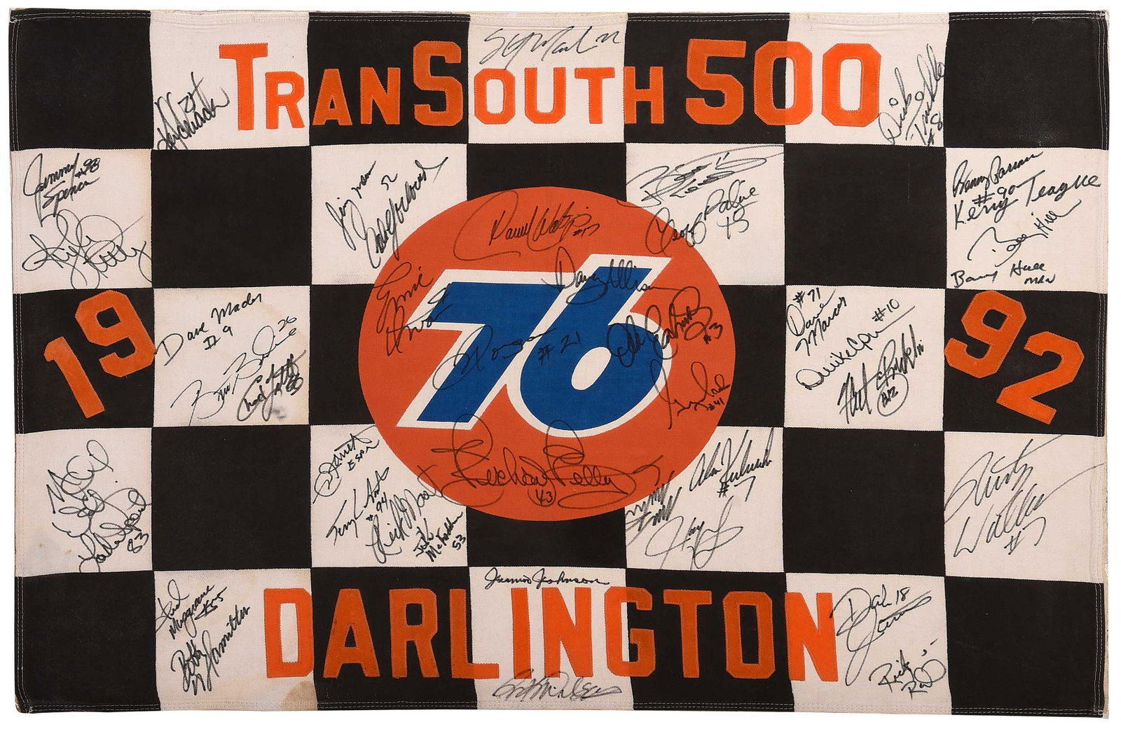 1992 TranSouth 500 Darlington Flag, Driver Signatures: ceremonial flag from 1992 TranSouth 500 race, with iconic '76' logo at center surrounded by white and black checkered pattern, approximately 40 readily identifiable signatures including: Dale