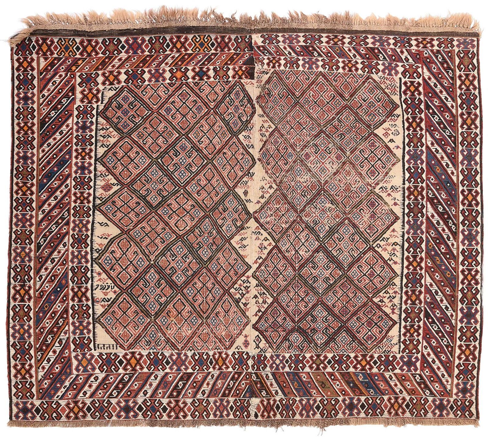 Flat Weave Handwoven Rug: mid 20th century, diamond pattern on white ground, two panels sewn together, date and signature, 4 ft. 10 in. x 4 ft. 2 in.Provenance: Private Collection, Asheville, North Carolina
