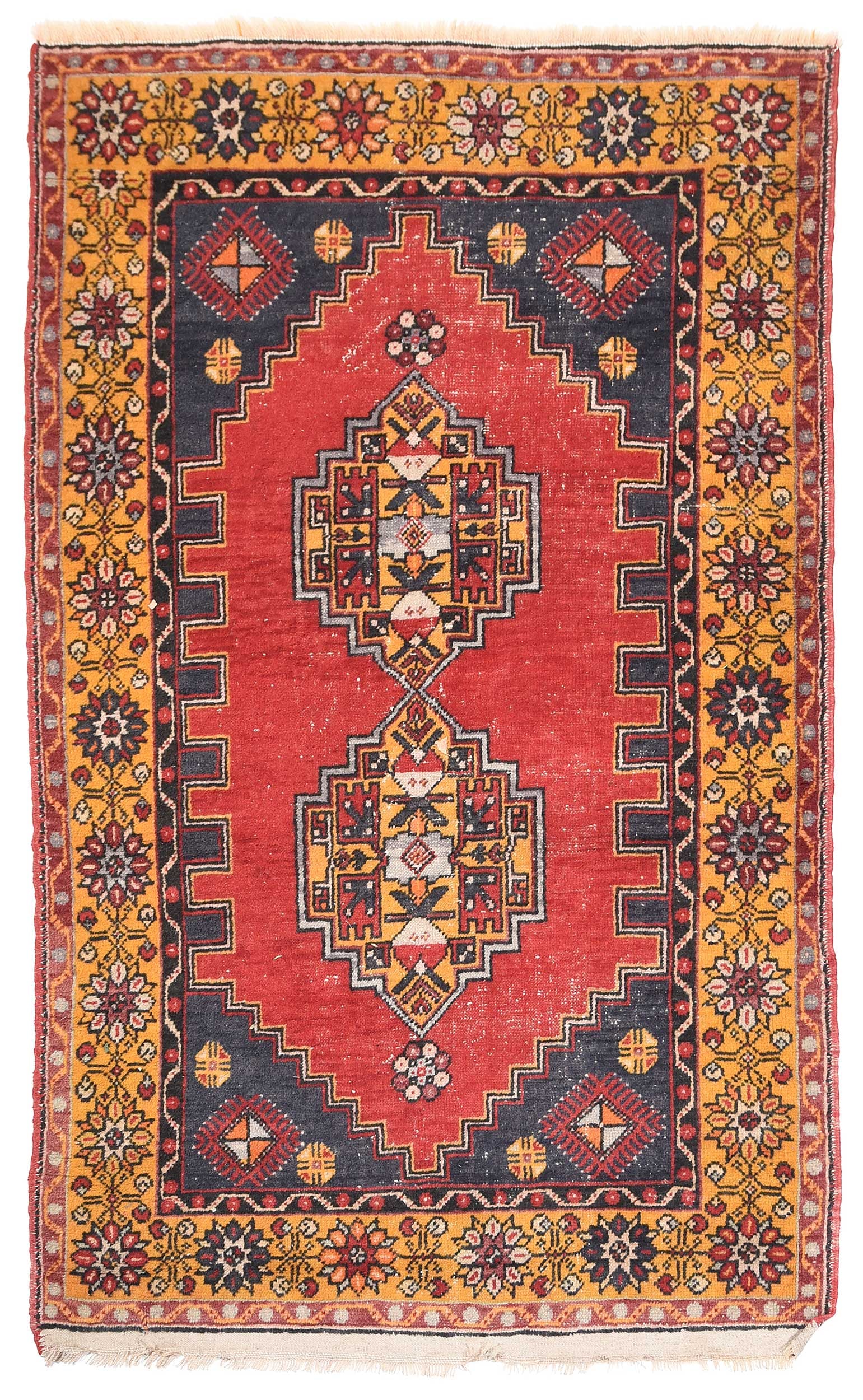 Hamadan Rug: 20th century, two polygonal medallions on red field, blue spandrels, gold border, 6 ft. 3 in. x 3 ft. 9 in.Provenance: Private Collection, Pittsboro, North Carolina