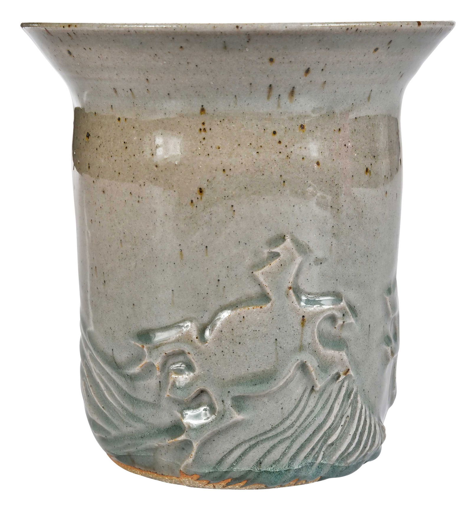 Winnie Owens-Hart, Earthenware Vase with Reptile Motif: (American/Gainesville, Virginia, born 1949)signed and dated at base "Owens-Hart 1990", 6-7/8 x 6-3/4 x 6-3/4 in.Note: Winnie Owens-Hart is a celebrated American ceramicist, sculptor, and