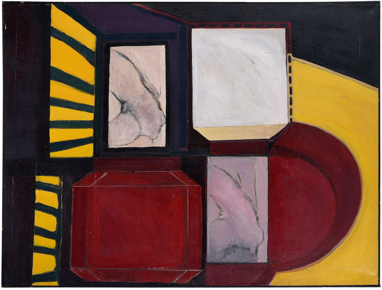 Dean Aydelott: (American/North Carolina, 1931-1986)Untitled, signed lower left "Aydelott", oil on canvas, 46-1/2 x 60-1/2 in.; black painted lattice frame, 47-1/4 x 61-1/4 in.Provenance: Private