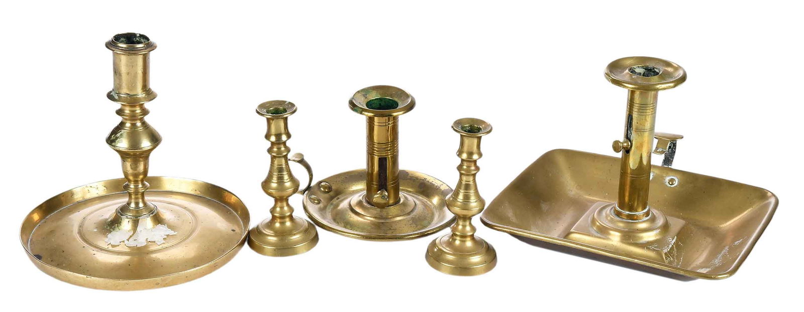 Five Assorted Brass Lighting Devices: comprising: pair of tapersticks, 4 x 2 x 2 in.; knopped candlestick with extracting hole and saucer base, possibly Spanish or Dutch, possibly 17th century, 6 x 6-1/8 x 6-1/8 in.; side pushup