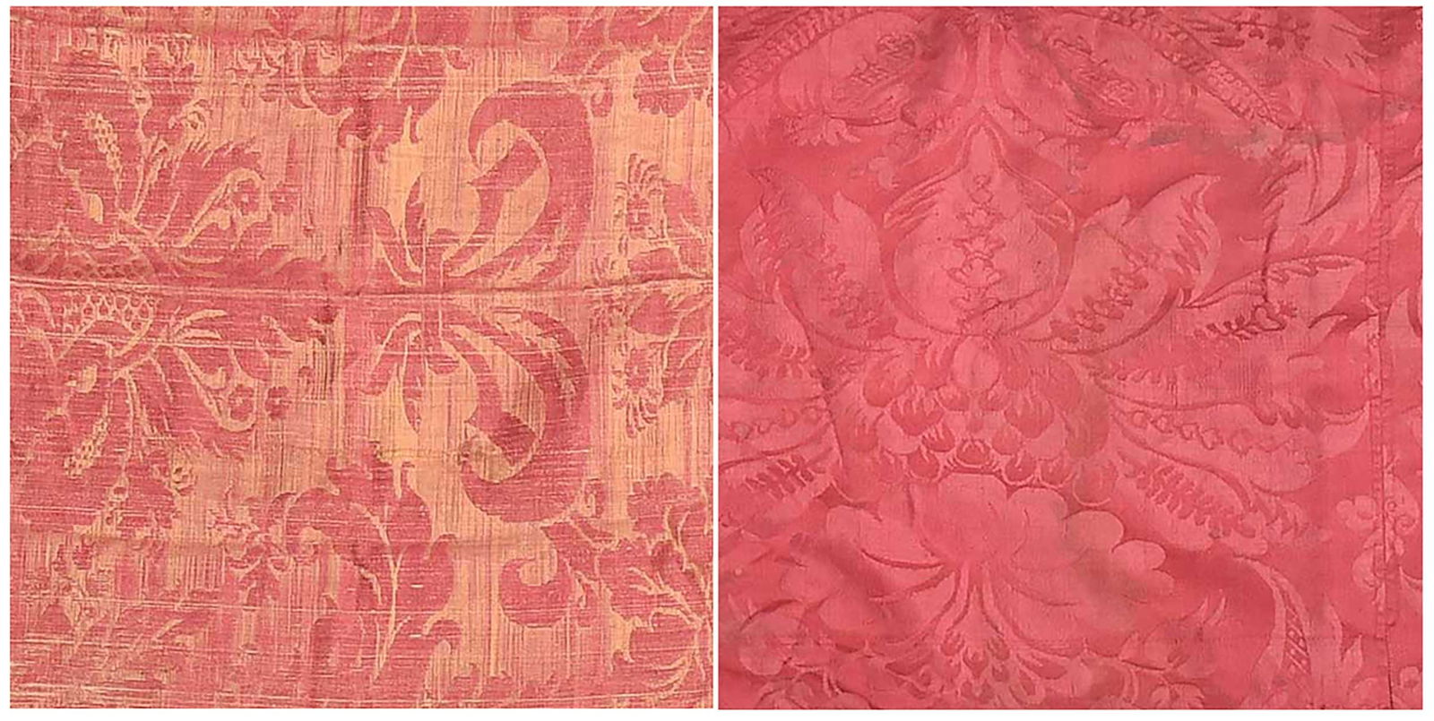 Four Red and Gold Damask Panel Fragments: Continental, 19th century, largest 77-1/2 x 50 in.Provenance: Property of the Virginia Museum of Fine Arts