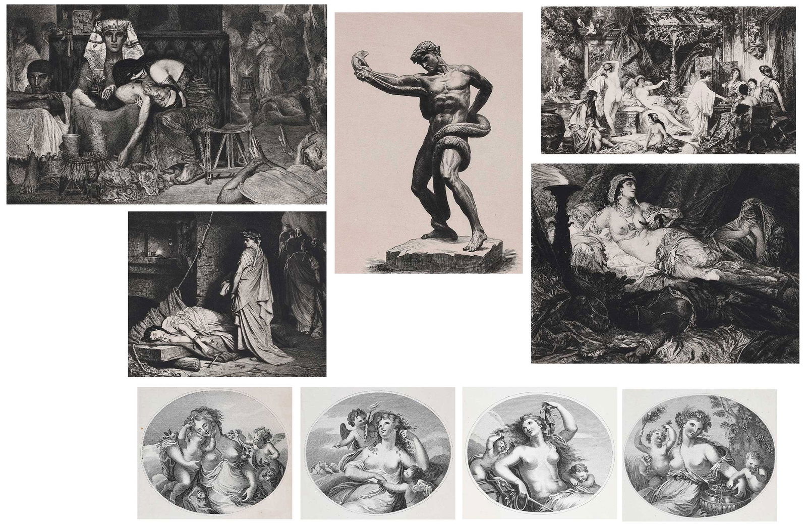 Collection of Nine Antiquity Prints of Classical Subjects: (Italian/German/British, 19th century)Including four allegorical works after Giovanni Battista Cipriani (Italy, 1727-1783), works by Wilhelm Hecht, William Unger, and others, five with blindstamp
