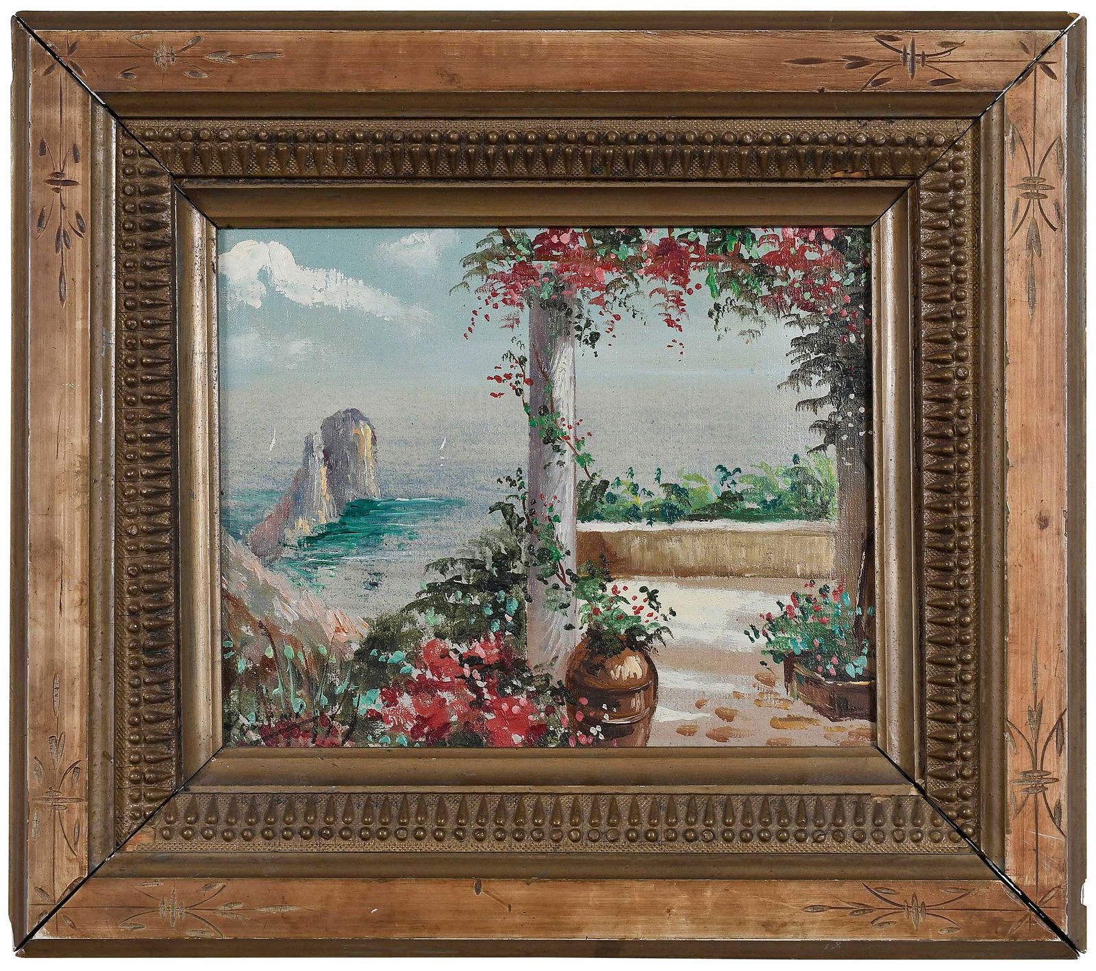 Neapolitan School: (20th century)Bay Scene, signed illegibly lower left "P...", oil on canvas, 8 x 10 in., carved gilt wood and composition frame, 13-1/2 x 15-1/4 x 1-3/4 in.Provenance: Property of the Virginia Museum