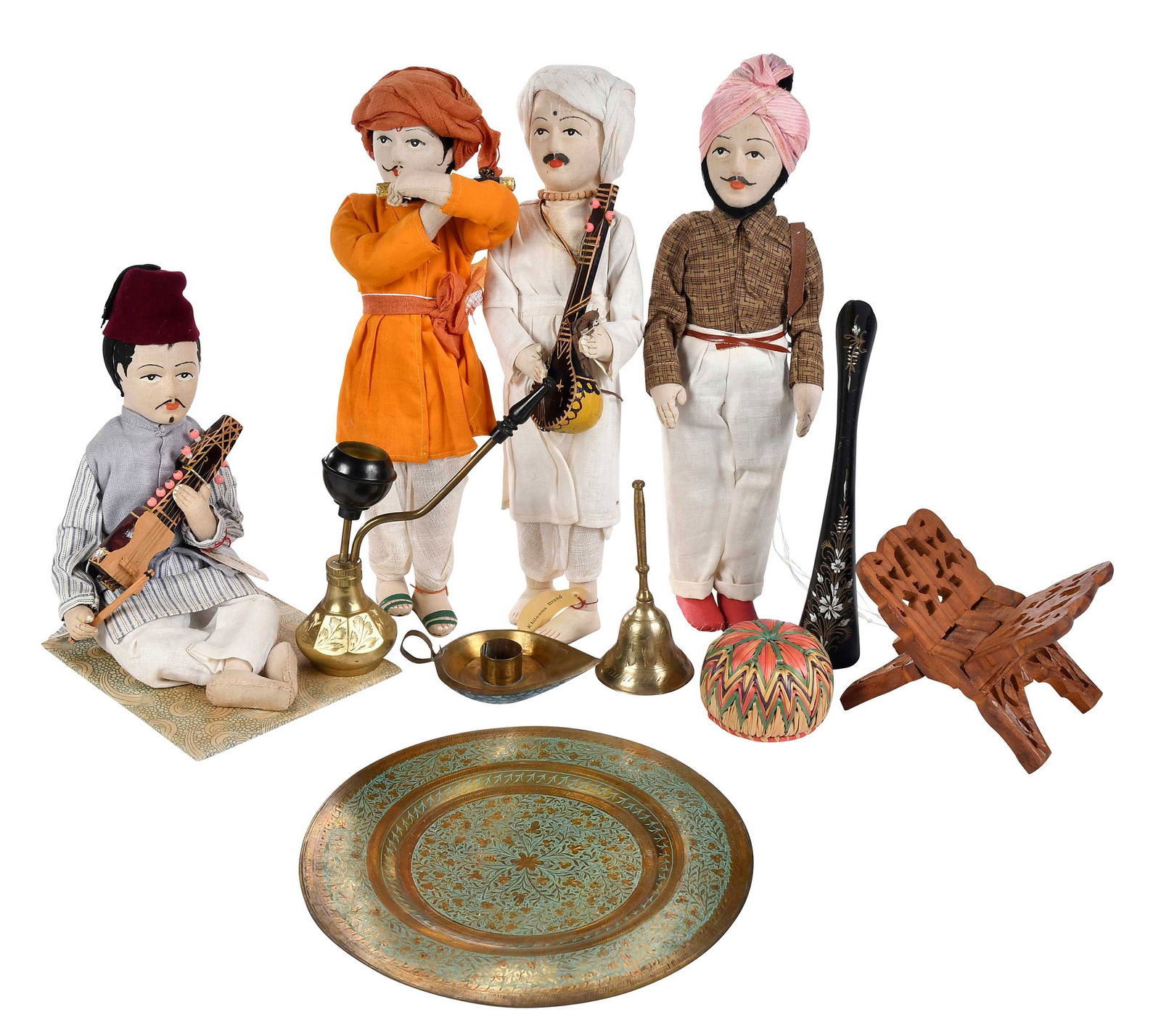 India Related Group, with 15 Handmade Cloth Dolls and Other Objects: dolls with tags to include: "Tukaram", "Charkhawali", "Sarangiwala", "Tamborawala", and "Khilowna", average doll height 12 in.; other objects: hookah, stand, plaque, framed photograph, bamboo stem,
