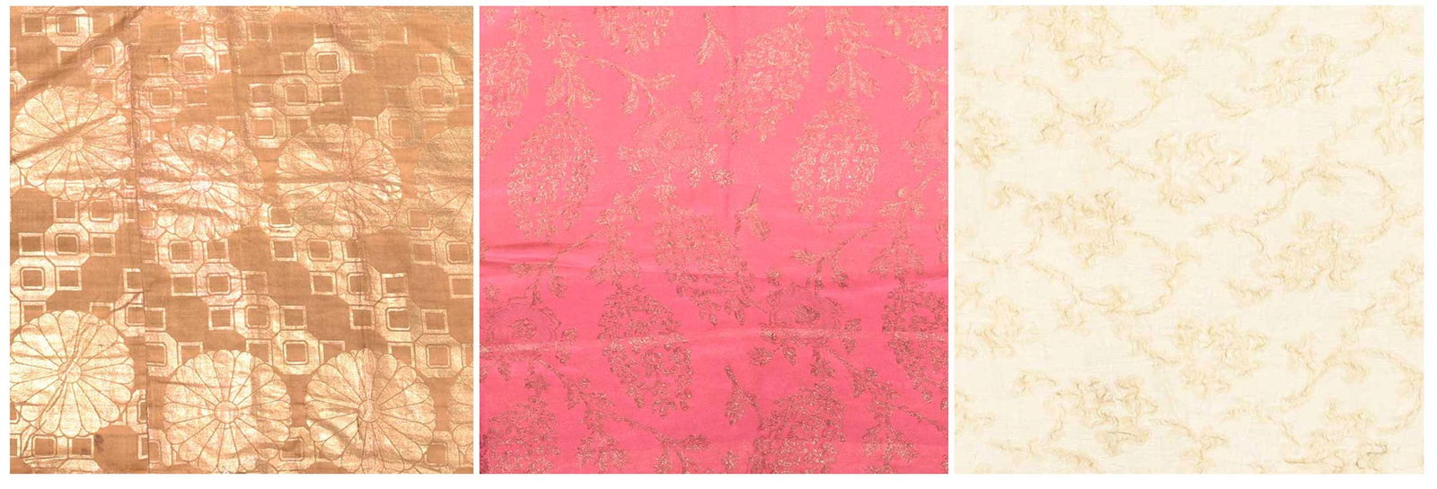 Three Continental Silk Textile Fragments: 19th century, with metallic thread floral and geometric designs, largest 79-3/4 x 78 in.Provenance: Property of the Virginia Museum of Fine Arts
