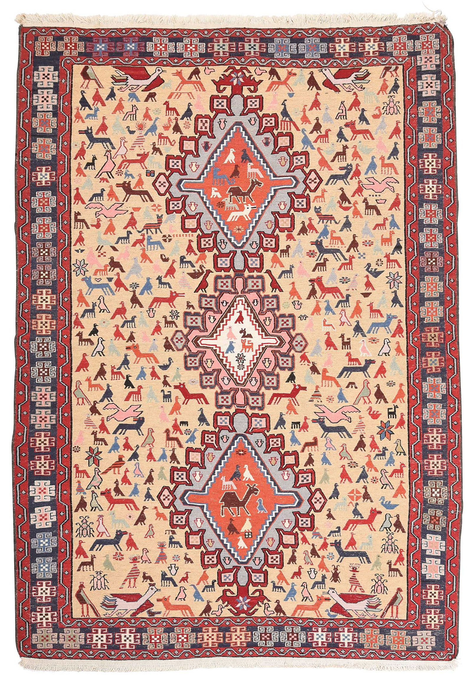 Soumak Flat Weave Rug: 20th century, three medallions, tan colored field, birds, insects, and quadrupeds, 6 ft. 4 in. x 4 ft. 3 in. Provenance: Private Collection, Pittsboro, North Carolina