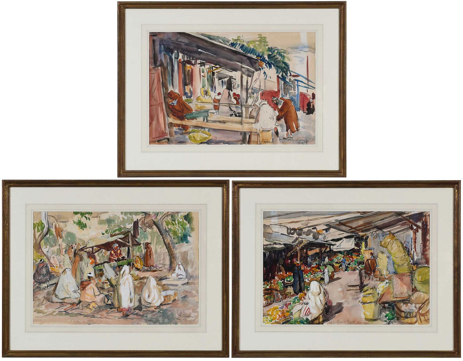 Philip Naviasky, ThreeTangiers Market Scenes: (British, 1894-1983)Street Market scenes, 1936, each signed, inscribed, and dated "Philip Naviasky/Tangiers 1936", watercolor over charcoal on paper, 14-1/2 x 21-1/2 in.; matching gilt wood frames,