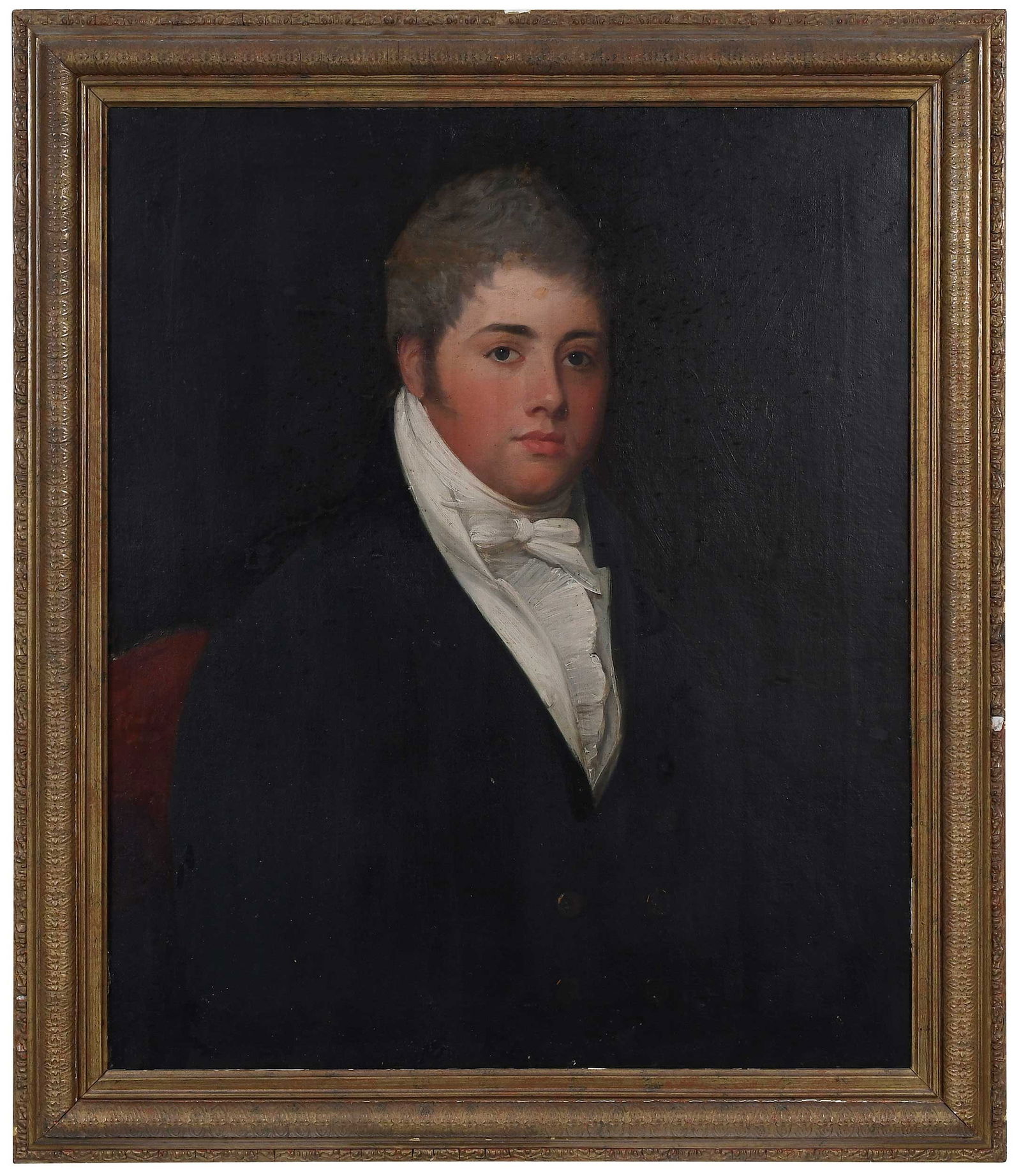 British School Portrait: (19th century) Young man in white cravat and black coat,, unsigned, oil on canvas, 29-7/8 x 24-7/8 in.; gilt wood and composition frame, 35-1/4 x 30-1/4 x 1-3/4 in. Provenance: Collection of William W