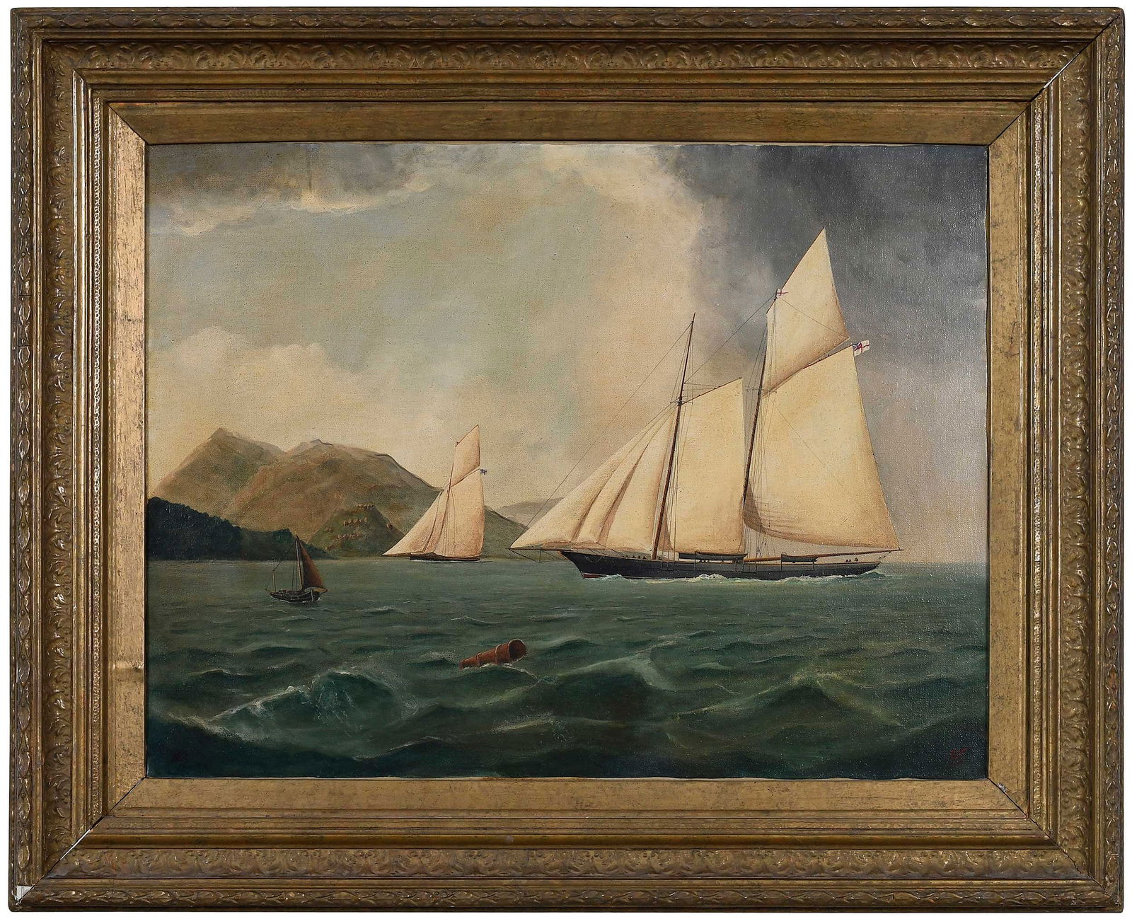 British School Maritime Painting: (19th century)Two British Royal Navy schooners sailing off a mountainous coast, signed with red monogram indistinctly lower right, dated in barrel "1886-1887", oil on canvas, 18 x 24 in;