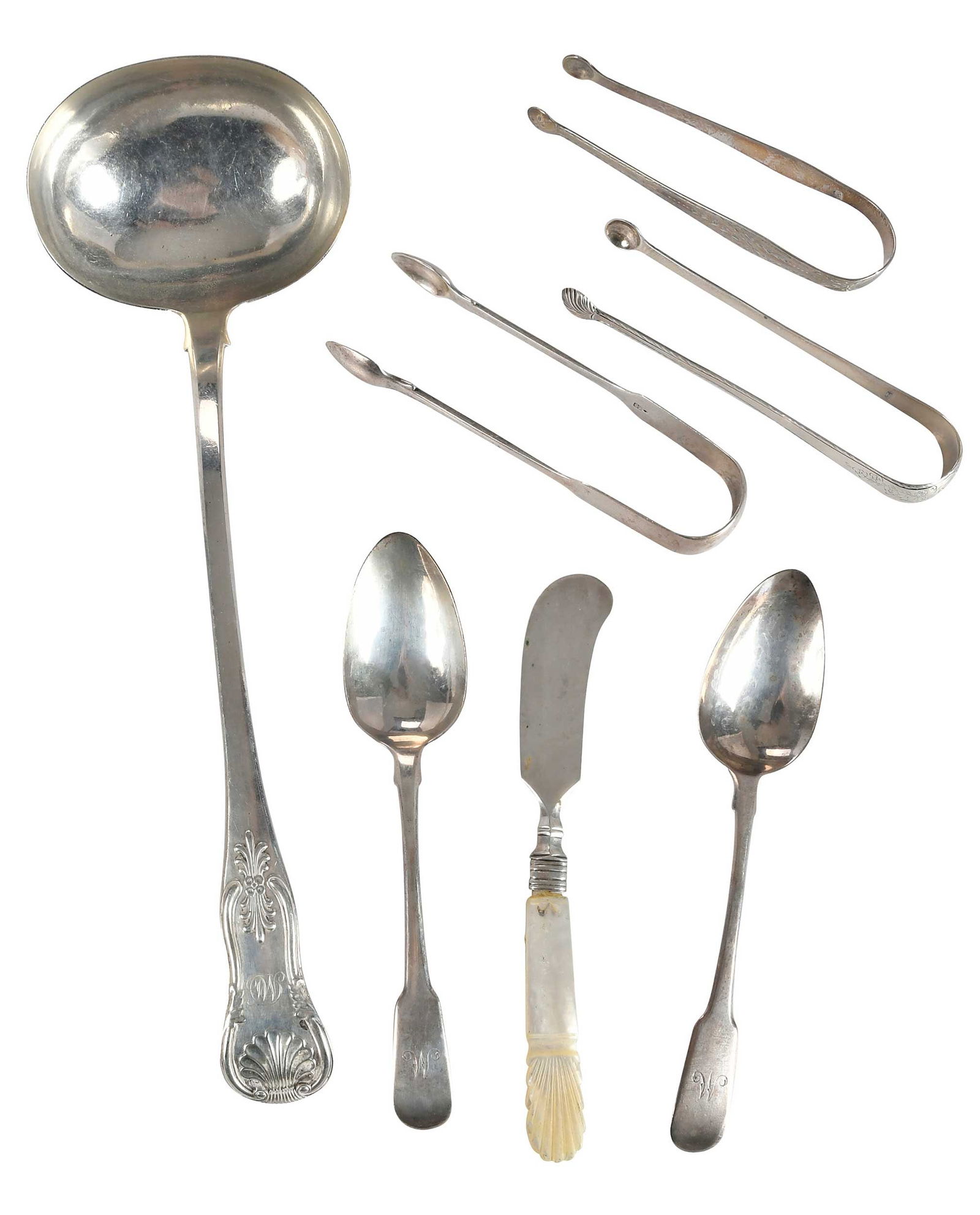 Seven Pieces English Silver Flatware: 18th/20th century, including pair of Hester Bateman sugar tongs, 5-3/8 in.; two Peter and William Bateman tablespoons, 8-1/8 in.; ladle with marks for Andrew Wilkie, Edinburg, 1829, 12-3/4 in.; two