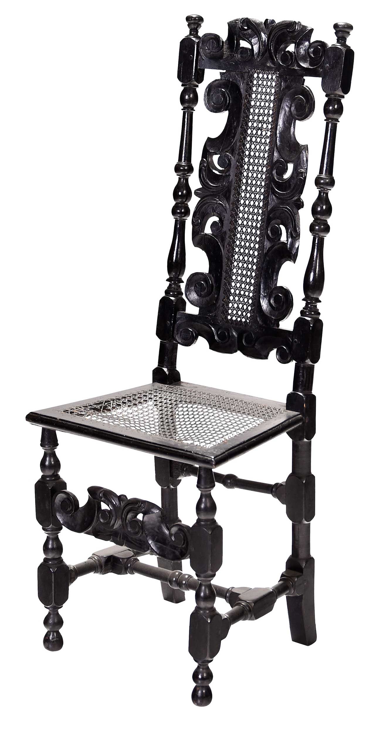 William and Mary Carved and Painted Cane Back Chair, Amory Haskell Provenance: late 17th, early 18th century, 48 x 18 x 15 in.Provenance: Amory Haskell; Tonnesen Collection, New HampshireProvenance: Amory Haskell; Tonnesen Collection, New Hampshire