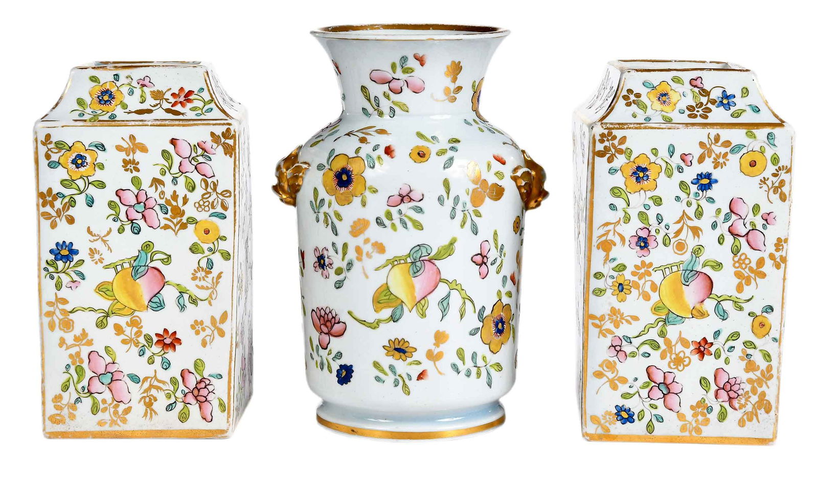 Three Pieces of Mason's Ironstone: 19th century, unmarked, comprising: pair of squared tea caddies; miniature vase; largest 6 x 4 x 3-1/2 in.Provenance: Valerie Howard, London (labels); Private Collection, Asheville, North Carolina
