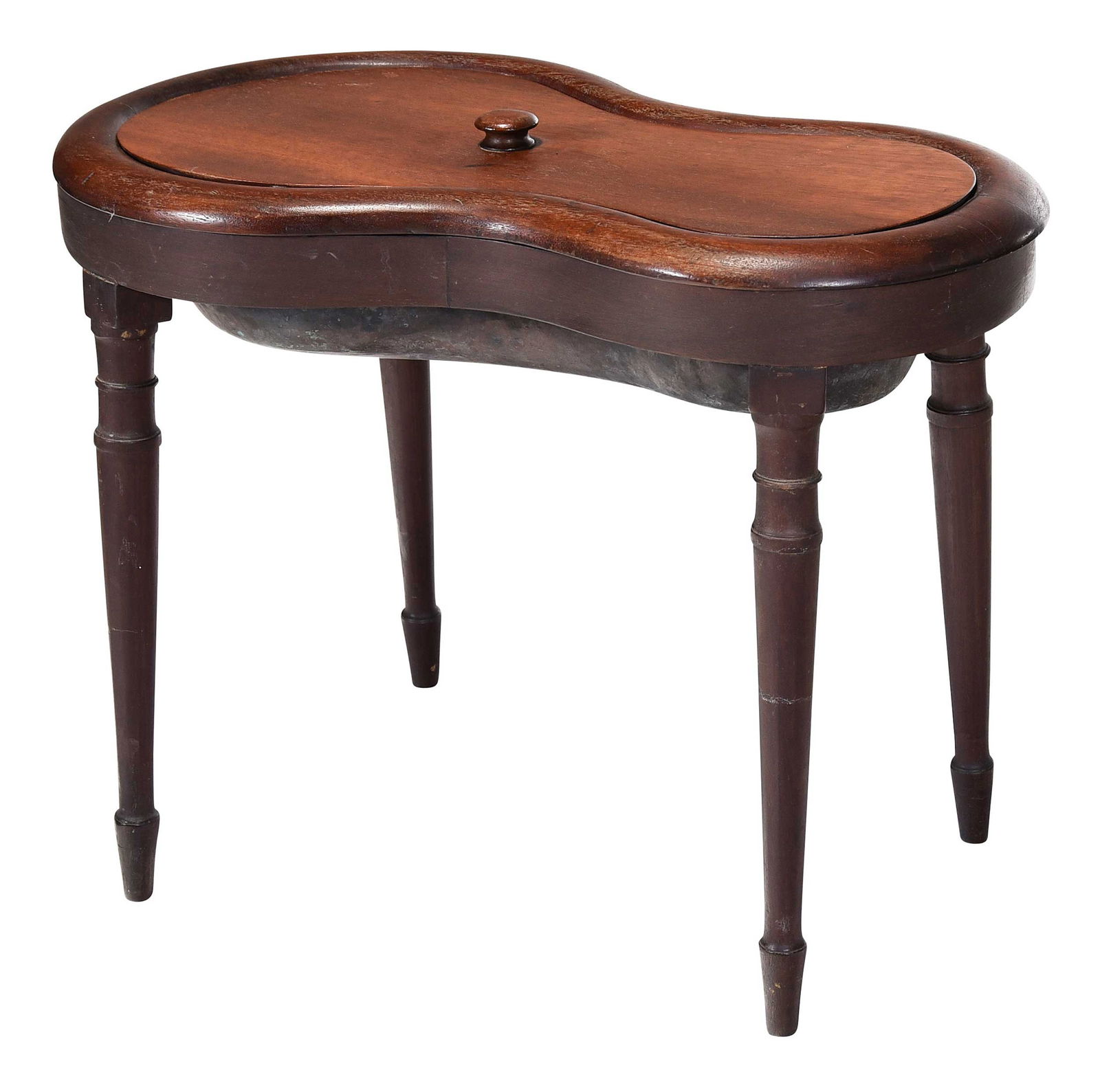 Victorian Walnut and Copper Bidet: probably British, second half 19th century, kidney form, copper basin with patina, 17-3/4 x 23-1/2 x 13-1/2 in.Provenance: By direct descent of Ellen Clarke Manning, the daughter Sally Bland Clarke