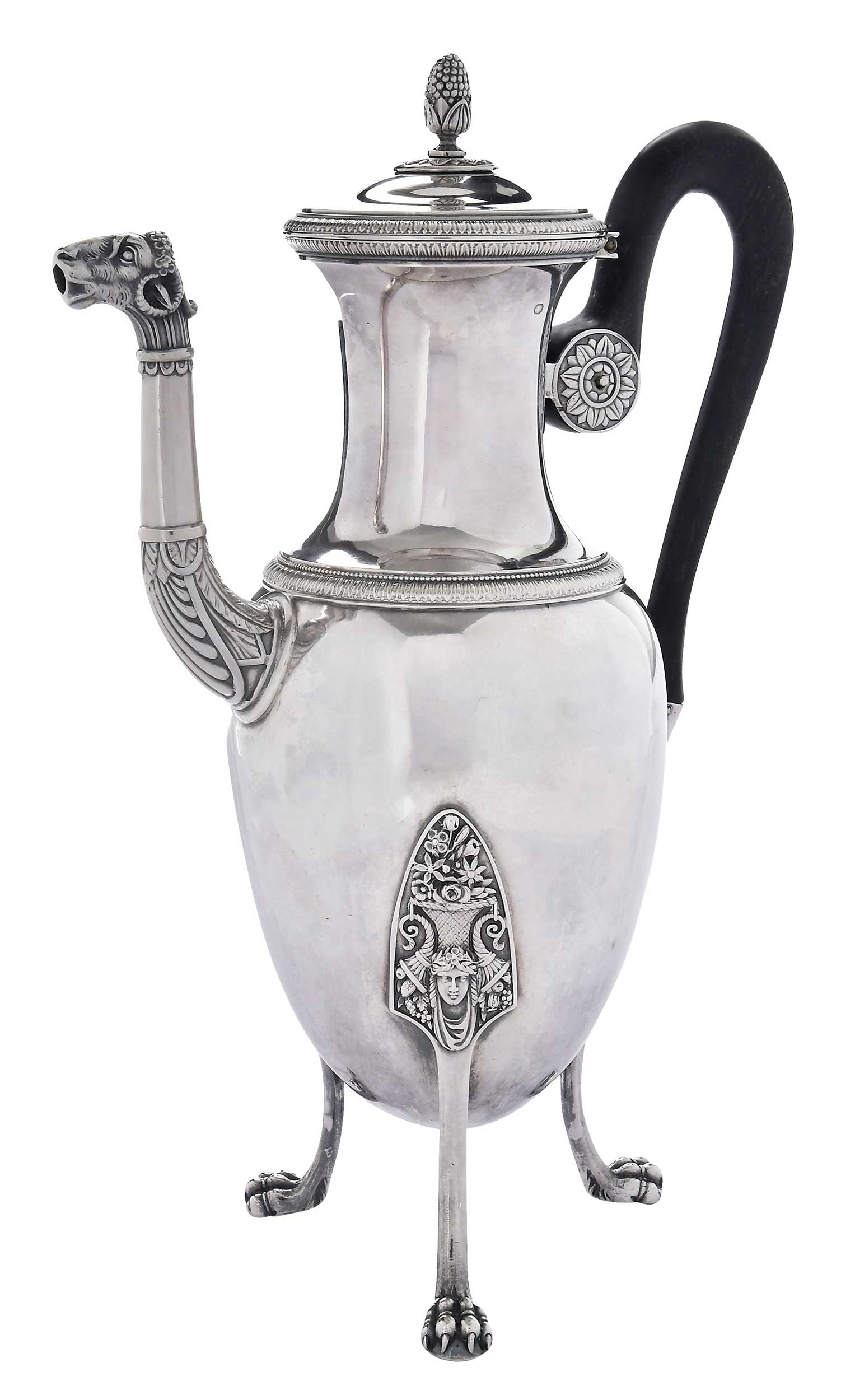 French Silver Coffee Pot, Pierre-Jean Meurice: Paris, early 19th century, ovoid body, goat head spout, paw feet, wooden handle, marks for Pierre-Jean Meurice, .950 fine, 12 x 8 x 4-1/2 in. 