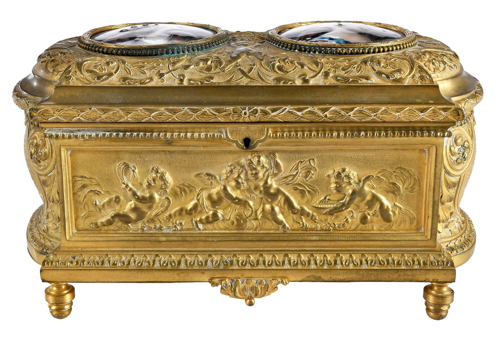 Gilt Metal Casket with Enamel Portraits: French or Austrian, 19th century, two enamel portraits signed "PW" inset to lid, hinged lid opens to single compartment lined with velvet, approx. 10-1/2 x 6-1/4 x 6 in.Provenance: Irving Spanierman,