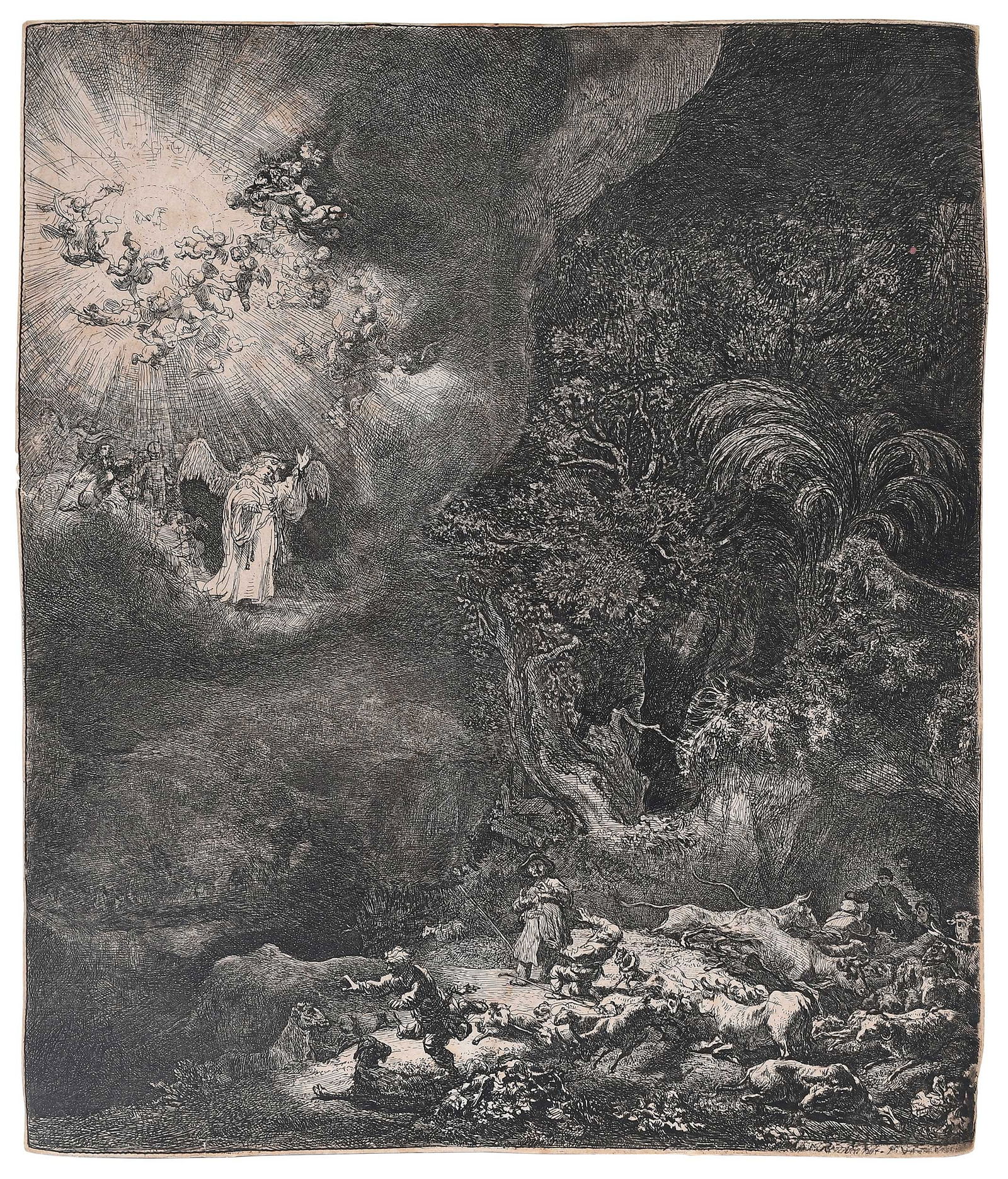 Rembrandt, Angel Appearing to the Shepherds: (Rembrandt Harmensz van Rijn, Dutch, 1606-1669)(NHD.125 state III/VI), circa 1634, a later edition, etching, drypoint, and engraving on laid paper with faint partial watermark, plate 10-1/4 x 8-5/8
