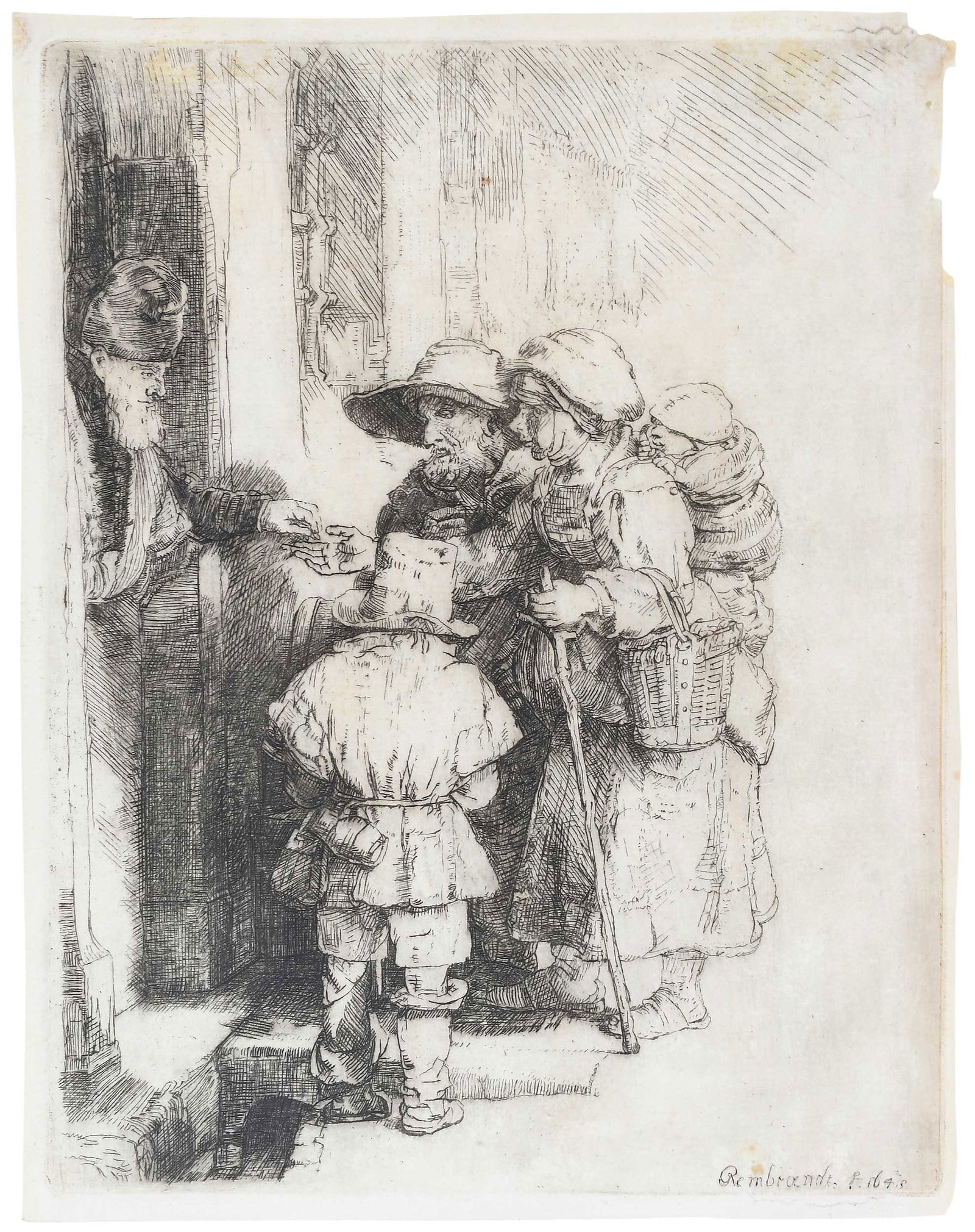 Rembrandt, Beggars Receiving Alms at the Door of a House: (Rembrandt Harmensz van Rijn, Dutch, 1606-1669)(N.H.D 243, state IV of V, H. 233), 1648, H.L. Basan edition, late 18th/early 19th century, etching and drypoint on laid paper with parcel eagle