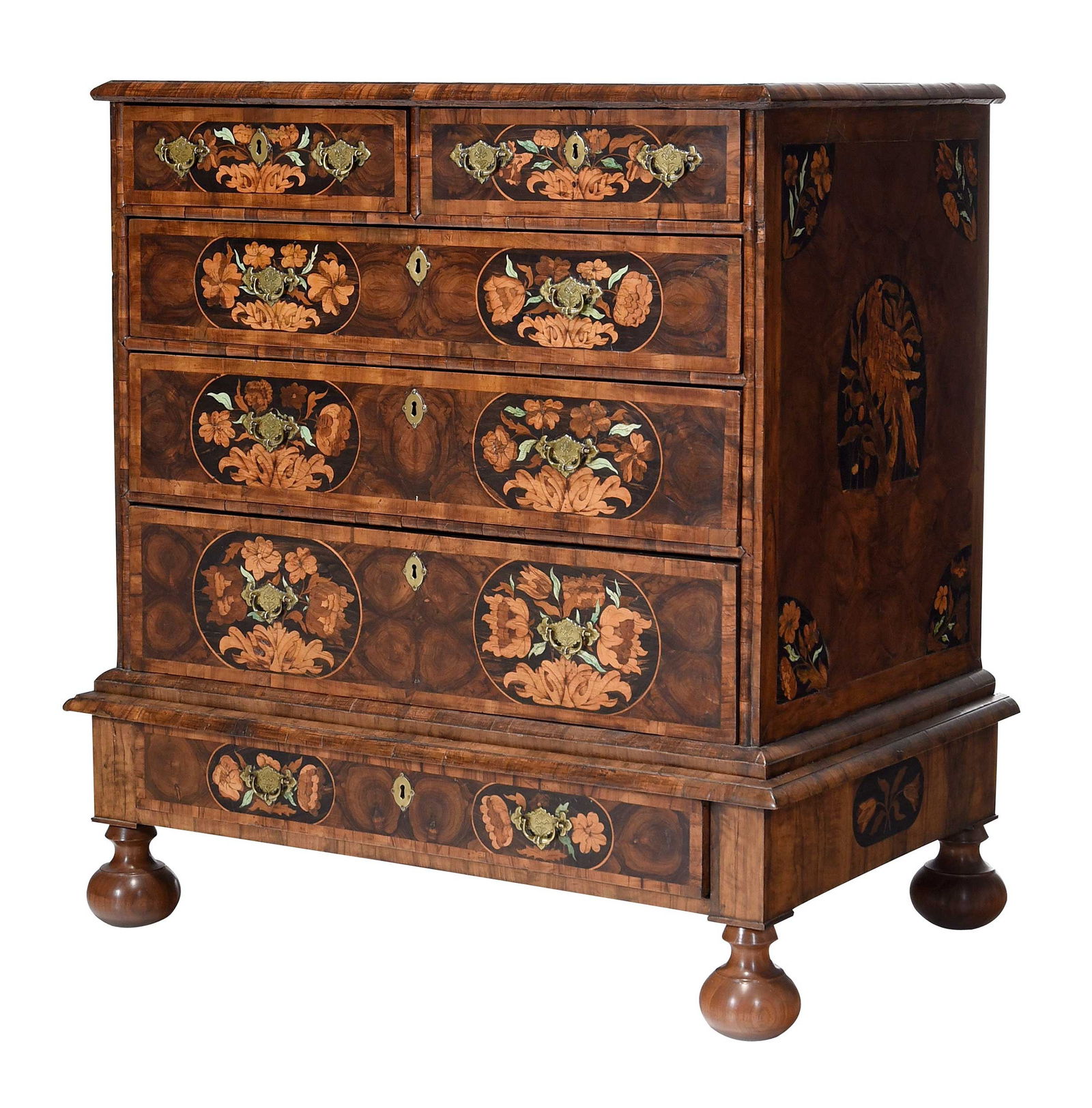 Very Fine William and Mary Marquetry Inlaid Chest on Frame: Dutch or English, 17th/18th century, oyster veneer, finely inlaid with birds, flowers, and butterflies; 41-1/2 x 37-3/4 x 25-1/2 in. Provenance: Private Eastern North Carolina Collection