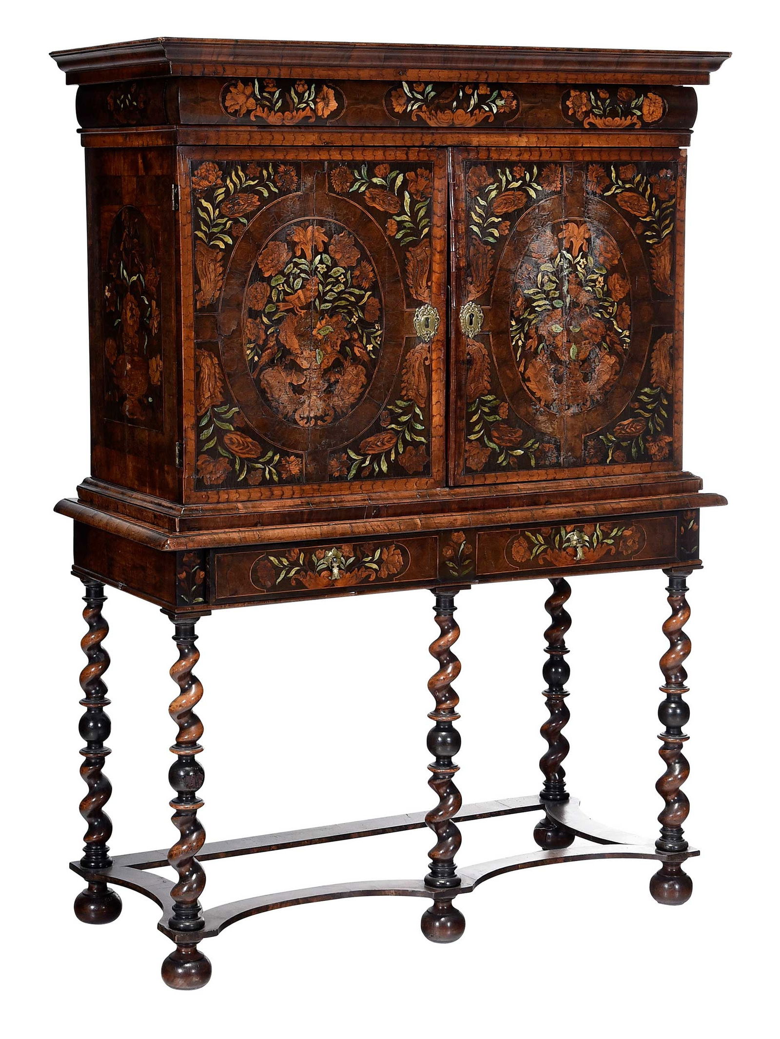 Dutch Baroque Oyster Veneer Marquetry Cabinet on Stand: 17th/18th century, two pieces, floral and bird motif marquetry, fitted cabinet interior with prospect door concealing small drawers, label to drawer interior of long drawer in lower case reads "No.