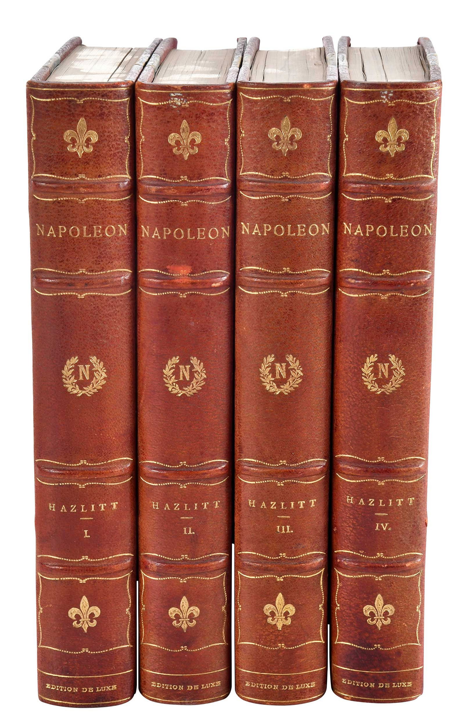 Leatherbound Set on the Life of Napoleon Bonaparte: London: The Grolier Society, 1900, Edition de Luxe, numbered 573 of 1,000, complete in 16 volumes, comprising: The Life of Napoleon by William Hazlitt (six volumes); Memoirs of Napoleon by Louis
