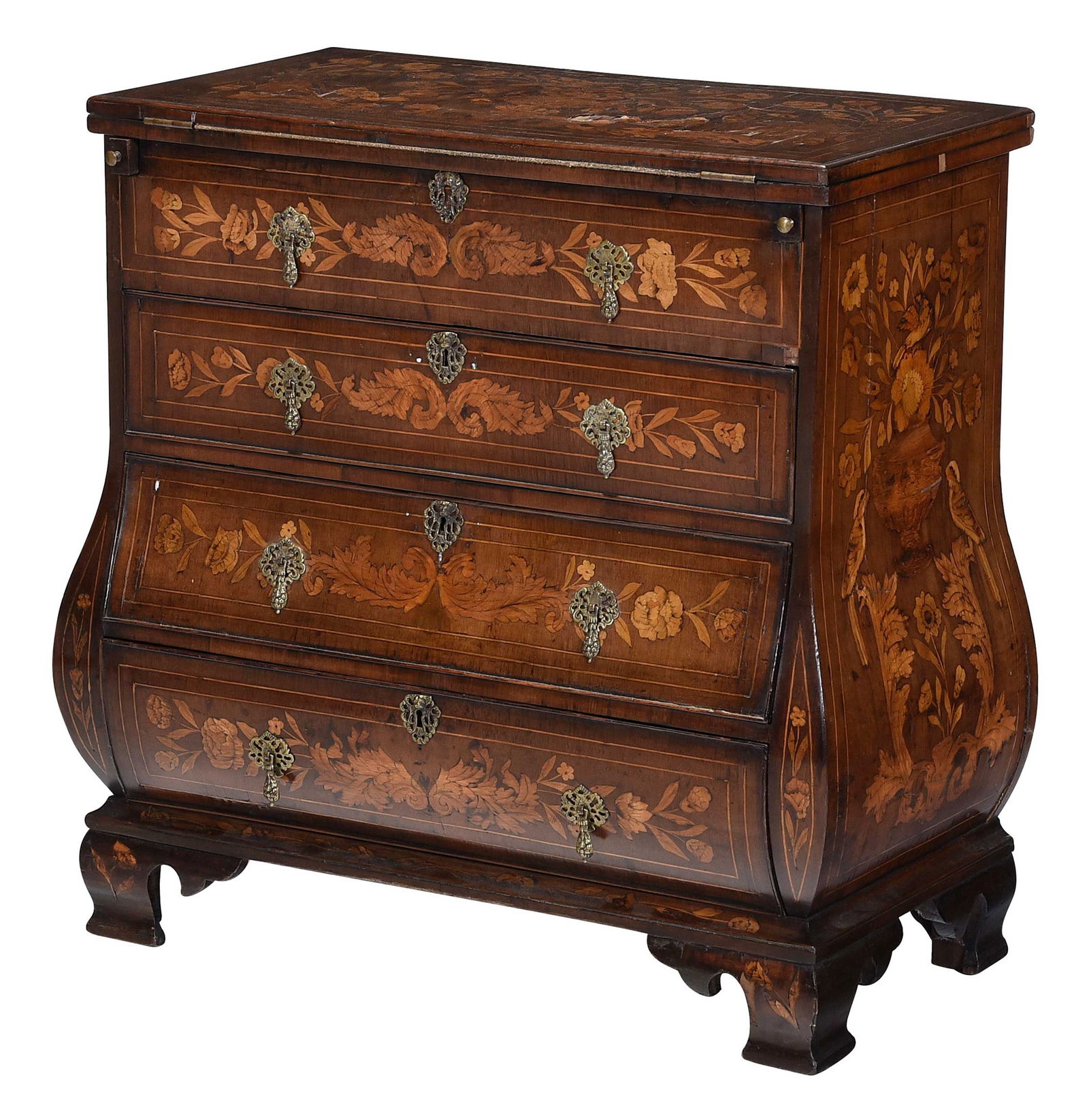 Dutch Marquetry Inlaid Mahogany Bombe Chest (1 of 14)