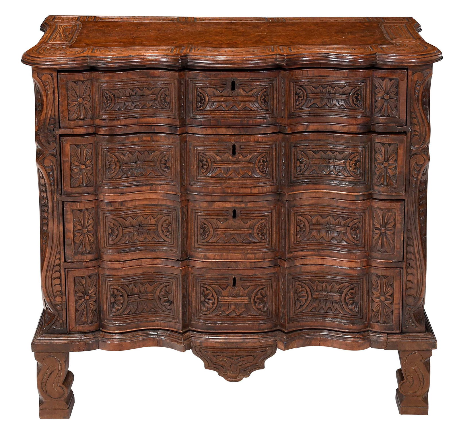 South American Baroque Style Carved Walnut Serpentine Commode (1 of 8)