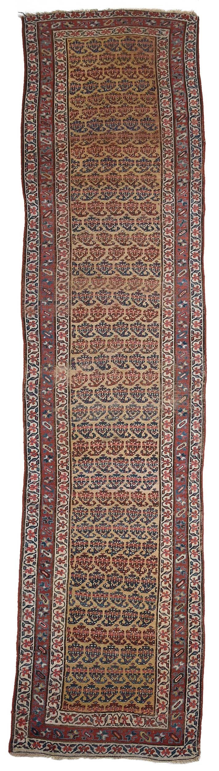 Caucasian Runner: mid 20th century, repeating boteh design on beige ground, three tier red and white border, 12 ft. 6 in. x 3 ft. 1 in.Provenance: Private Collection, Asheville, North Carolina