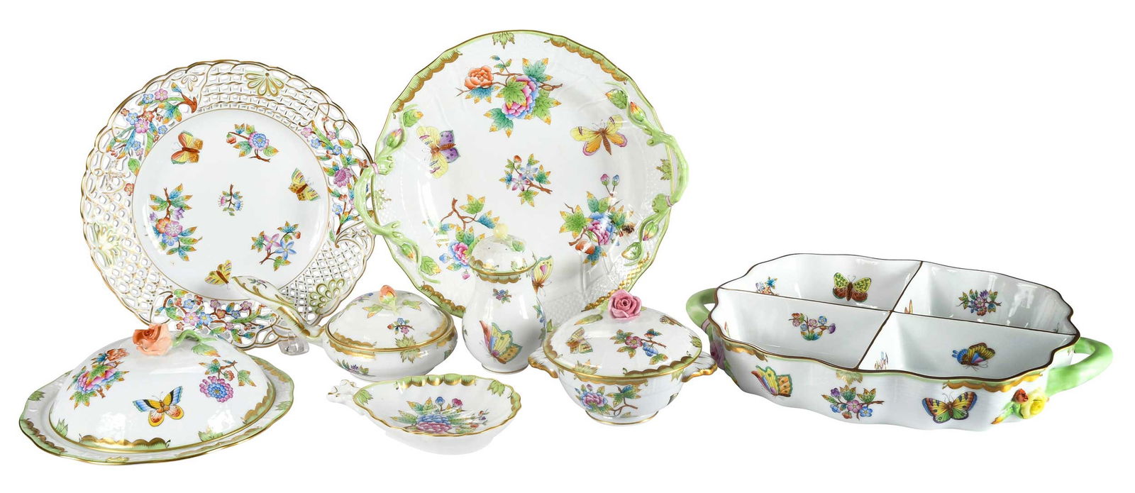 14 Pieces of Herend Queen Victoria Porcelain: Hungarian, 20th century, Herend marks to bases, comprising: segmented double handled tray; double handled plate; dinner plate; pair of double handled square plates; openwork plate; two covered