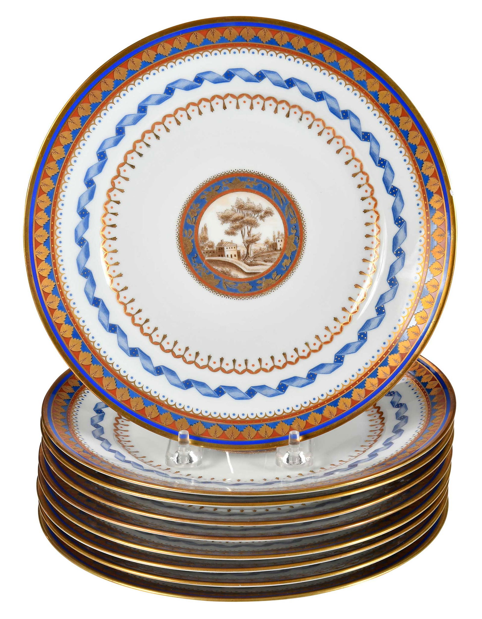 Nine Richard Ginori Porcelain Plates: Italian, 20th century, centered with sepia landscape, 1 x 8-3/4 x 8-3/4 in.Provenance: Estate of Lamar John Ryan Cecil, Lynchburg, Virginia