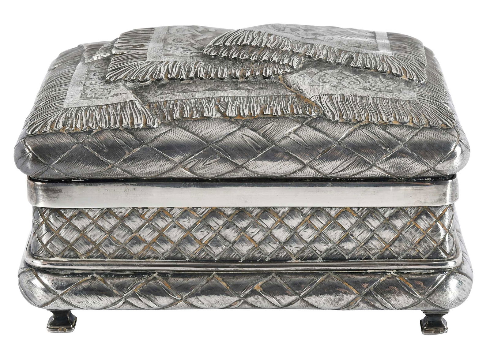 Russian Silver Trompe-l'oeil Box: Moscow, 1896, rectangular with folded scarf decoration on top, footed, "T?", .875 fine, 14.91 oz. T., 3-1/2 x 4 x 5-3/4 in.Provenance: Private Collection, Asheville, North Carolina