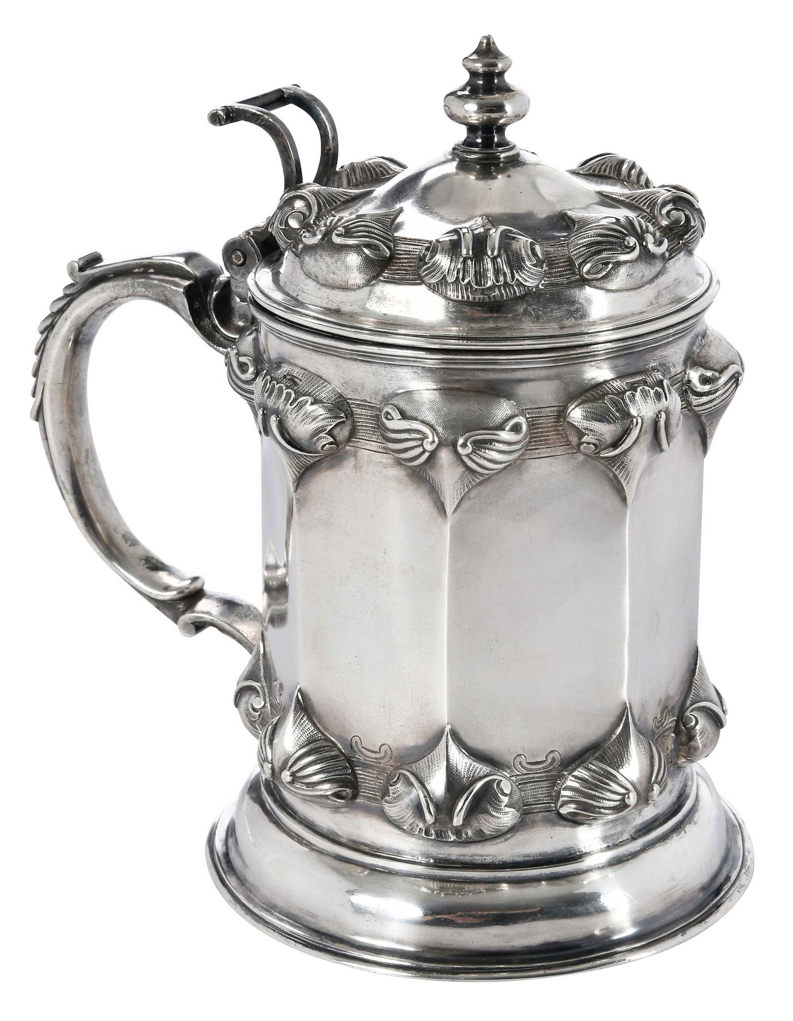 Russian Silver Tankard, Joseph Nordberg: St. Petersburg, 1860, paneled sides, scroll and shell decoration, openwork thumbpiece, marks for Joseph Nordberg, .875 fine, 20.57 oz. T., 6-1/4 x 6-1/2 x 4-3/8 in.Provenance: Private Collection,