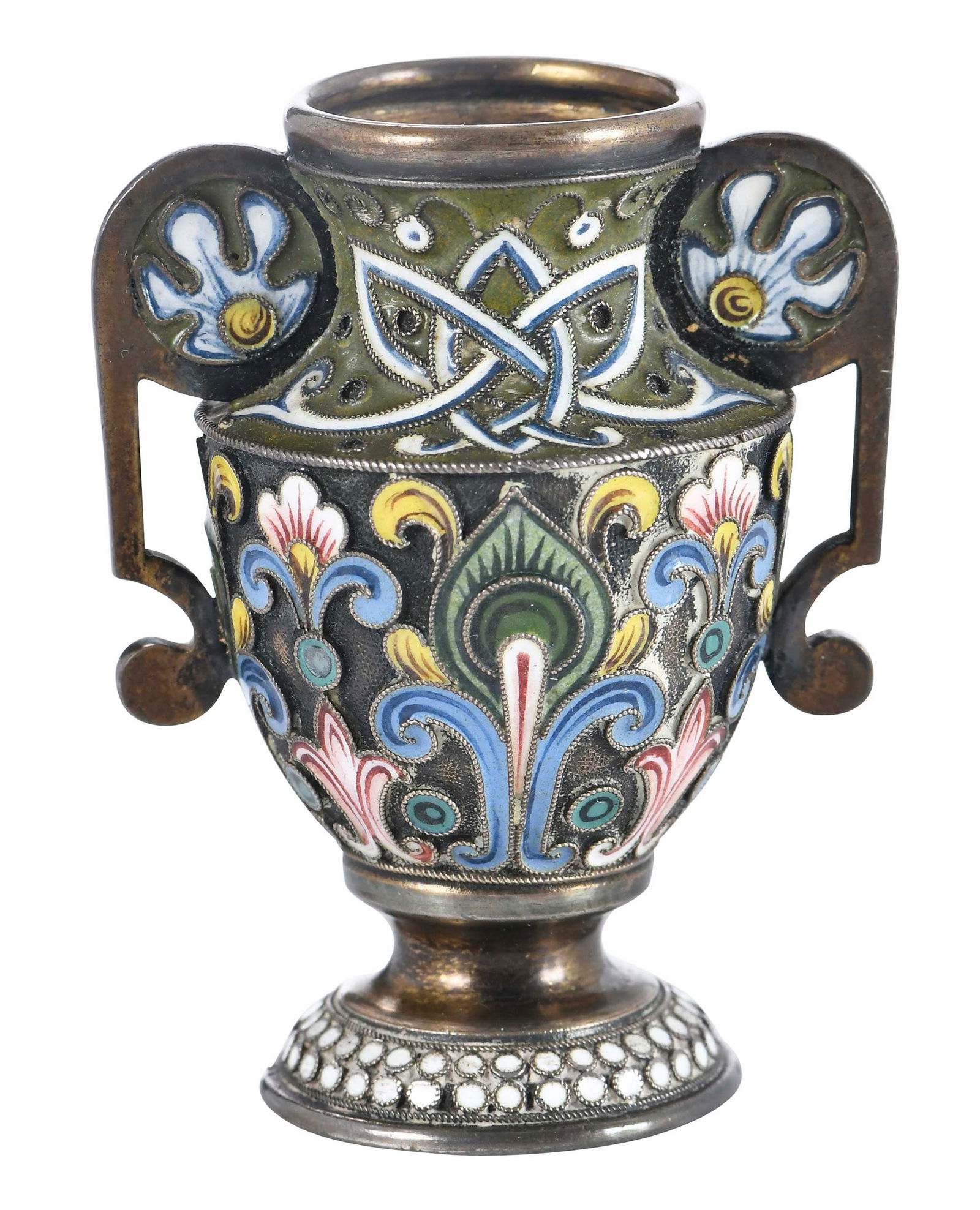 Faberge or Faberge Style Miniature Russian Silver and Enamel Vase: late 19th/early 20th century, urn form with scroll handles, colorful enamel decoration, Cyrillic marks for Faberge, .916 fine, 56 grams, 2-1/4 x 1-3/4 x 1-3/8 in.Provenance: Private Collection,