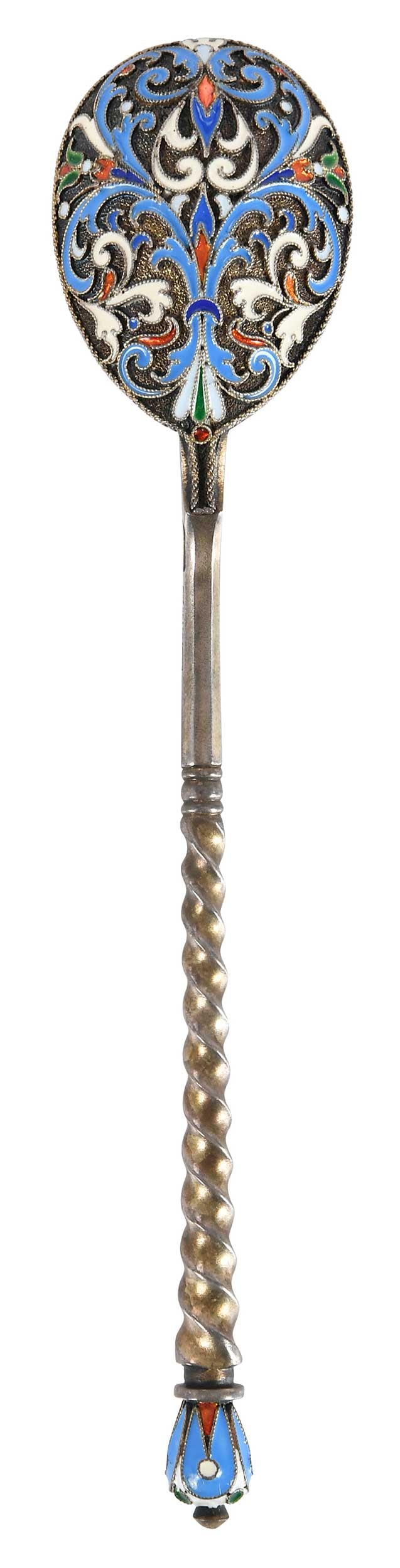 Russian Gilt Silver and Enamel Spoon, Khlebnikov: Moscow, twist handle, red, blue and white enamels scroll decoration, mark for Ivan Petrovich Khlebnikov, .875 fine, 5-3/4 in.; case, "Prince Vladimir Galitzine"Provenance: Private Collection,