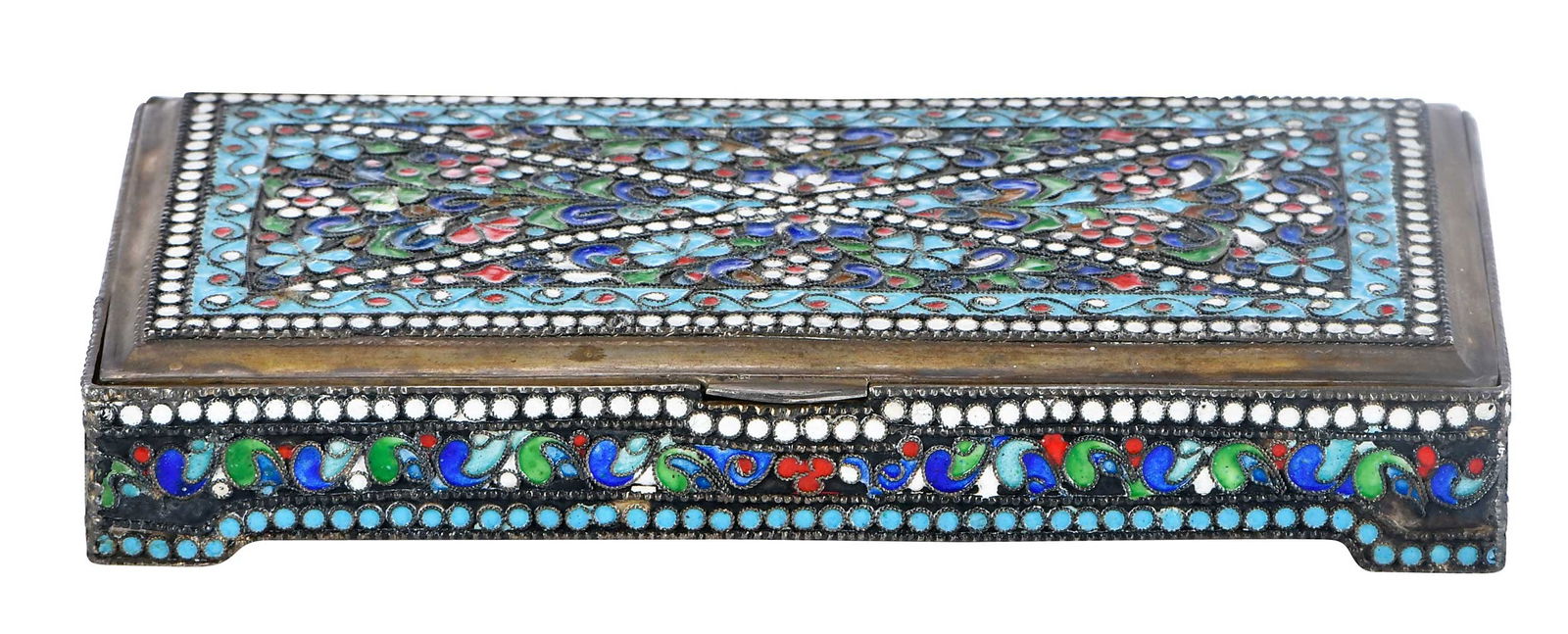 Russian Silver and Enamel Box: late 19th century, rectangular hinged lid, gilt interior, blue, white, red, and green enamel decoration, .916 fine, 13.05 oz. T., 1 x 6-1/4 x 3-3/8 in.Provenance: Irving Spanierman, Hendersonville,