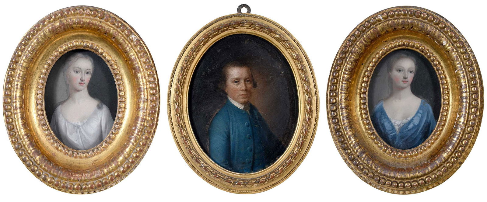 Three Portrait Miniatures on Copper: (British, 17th/18th century or style)Young Man in a Blue Coat, unsigned, oil on copper, 5-1/2 x 4-1/2 in.; gilt wood frame, 7-3/8 x 5-7/8 x 3/4 in.; Woman in a Blue Dress, Woman in a White Dress,