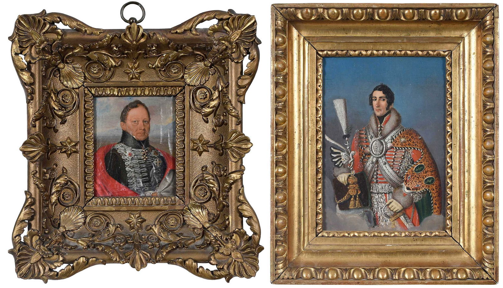Two Military Portrait Miniatures of Officers: (Hungarian and British, early 19th century)Guardsman of the Imperial-Royal Hungarian Bodyguard, late 18th/early 19th century, oil on oak panel, sight 9-1/2 x 7 in.; gilt wood frame, 14-1/4 x 11-5/8 x